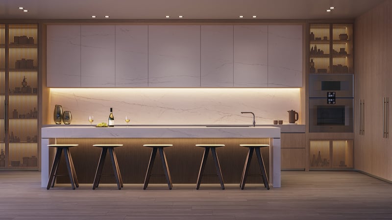 Ocean House, Surfside modern kitchen with premium finishes; chef‑ready interiors in luxury and ultra luxury condos; resale. Featuring interior and setup.