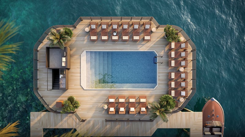 Villa Miami, Edgewater pool deck aerial above Biscayne Bay, resort terrace for luxury and ultra luxury condos; preconstruction. Featuring view.