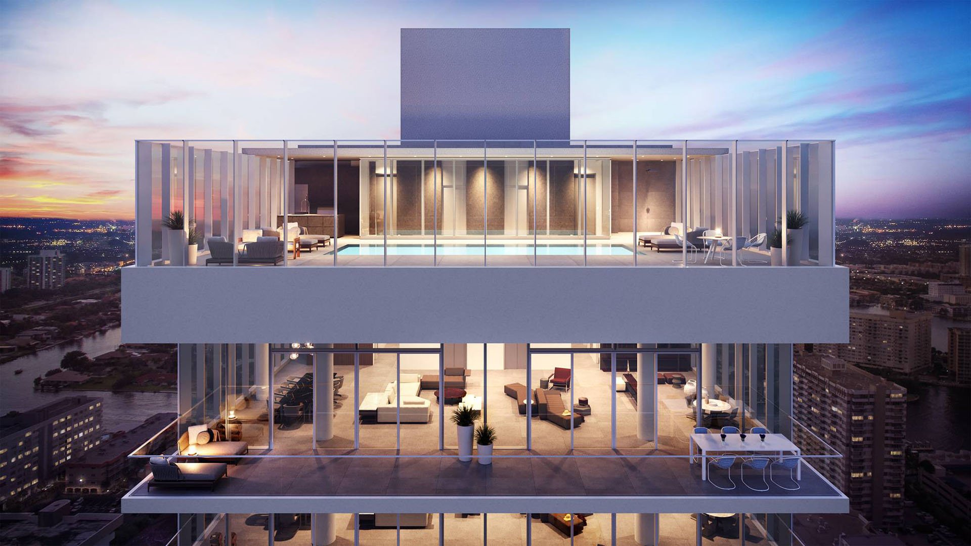 Rooftop pool and lounge deck at 2000 Ocean, Hallandale Beach, Florida, at sunset with glass railings and skyline views, featuring luxury and ultra luxury preconstruction condos amenities.