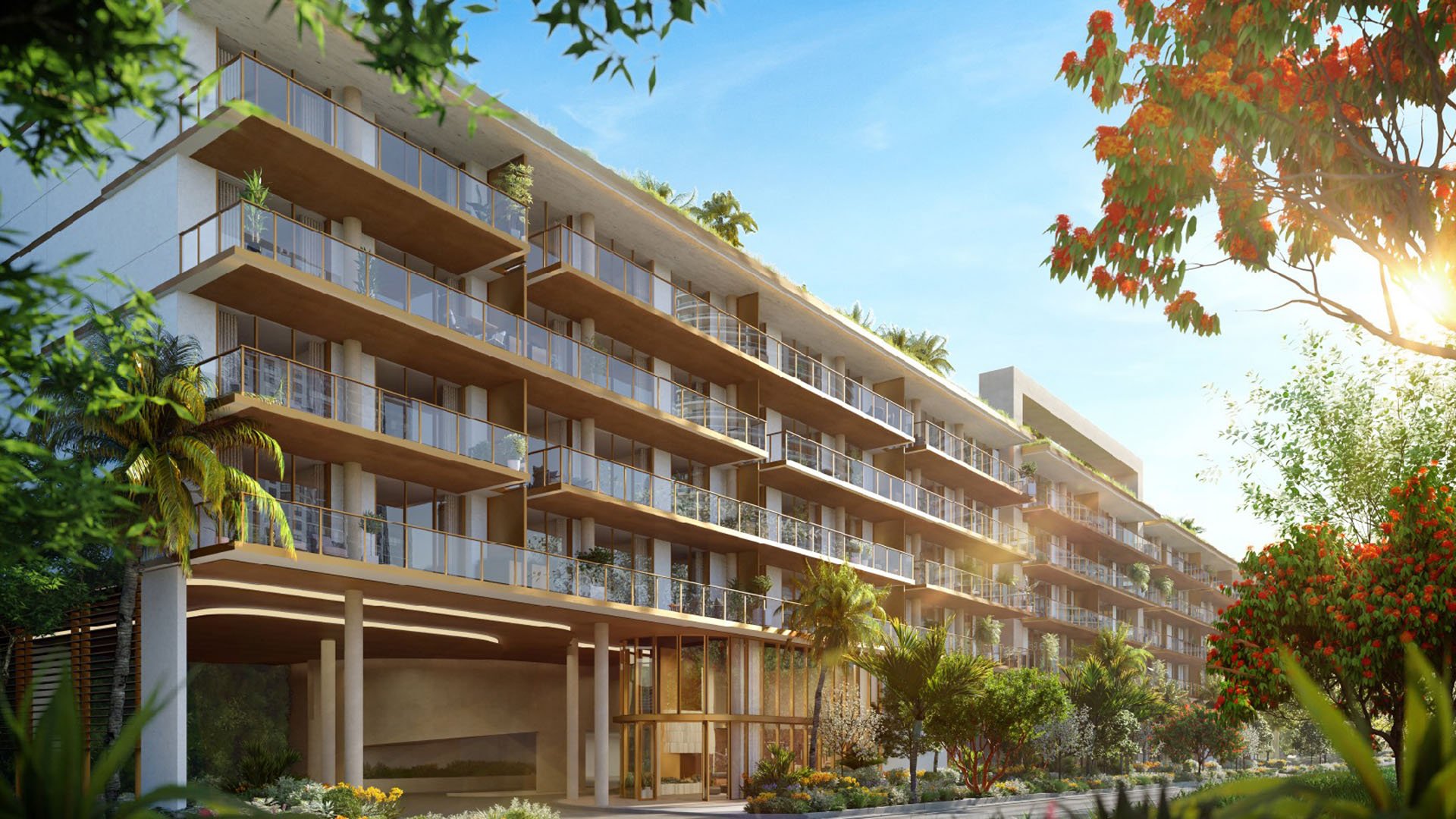 2200 Brickell exterior rendering with glass balconies, landscaped entry and tropical gardens, showcasing luxury and ultra luxury preconstruction condos in Brickell, Miami, Florida.