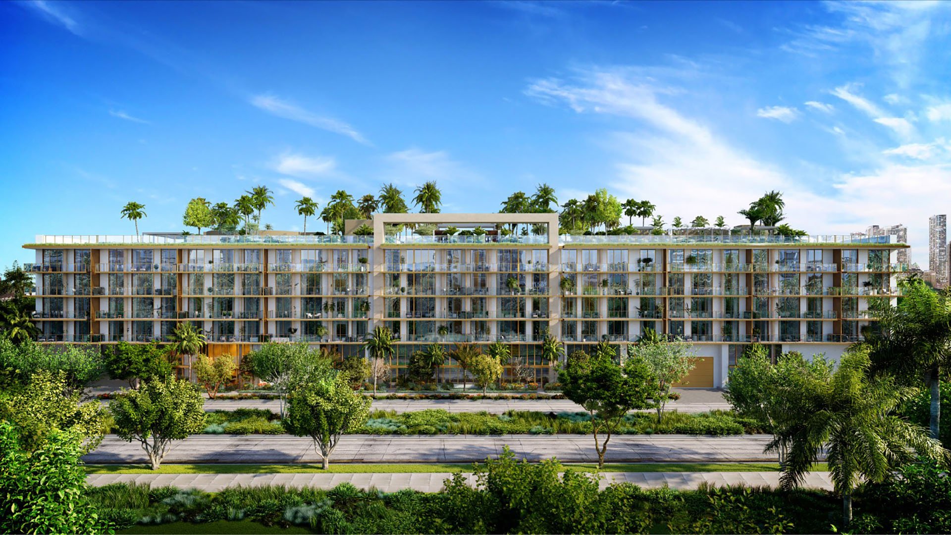 2200 Brickell full building elevation with rooftop garden terrace and lush streetscape, showcasing luxury and ultra luxury preconstruction condos in Brickell, Miami, Florida.