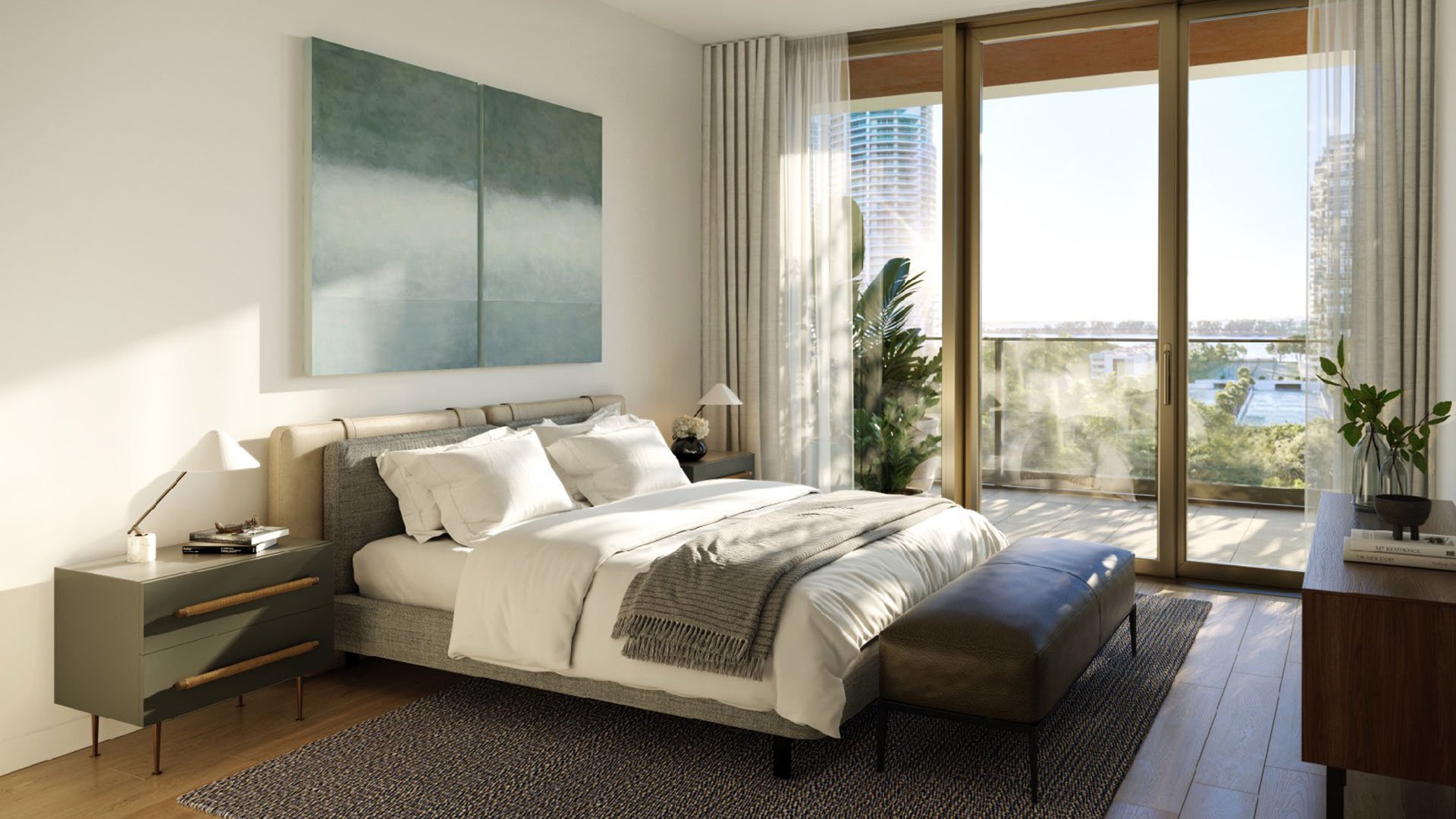 2200 Brickell serene bedroom with balcony doors and bay view, modern furnishings and natural light, showcasing luxury and ultra luxury preconstruction condos interiors in Brickell, Miami, Florida.