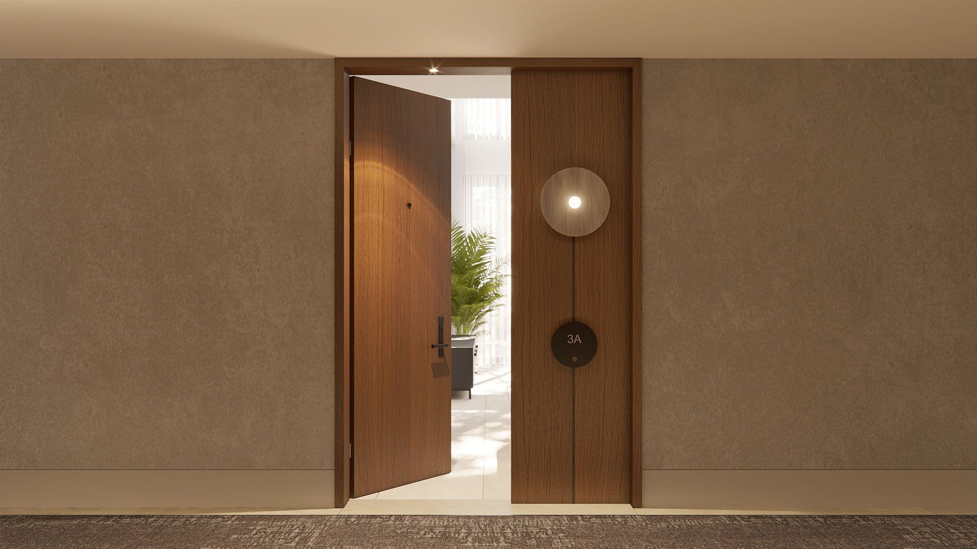 2200 Brickell residence entry door in Brickell, Miami, Florida, warm wood paneling and suite 3A detail, previewing luxury and ultra luxury preconstruction condos with refined interior finishes.
