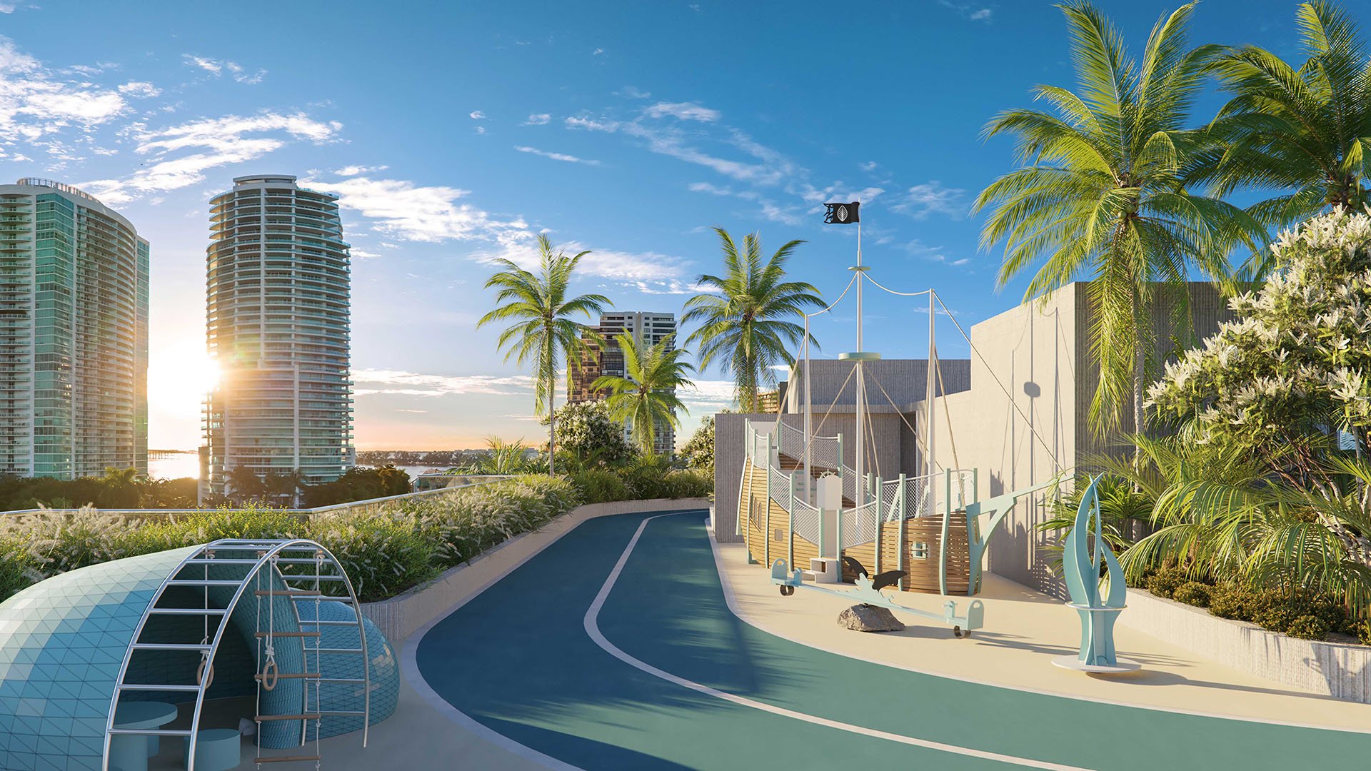 2200 Brickell rooftop playground with pirate-ship play structure, climbing dome and sunrise skyline views in Brickell, Miami, showcasing luxury and ultra luxury preconstruction condos designed for families.