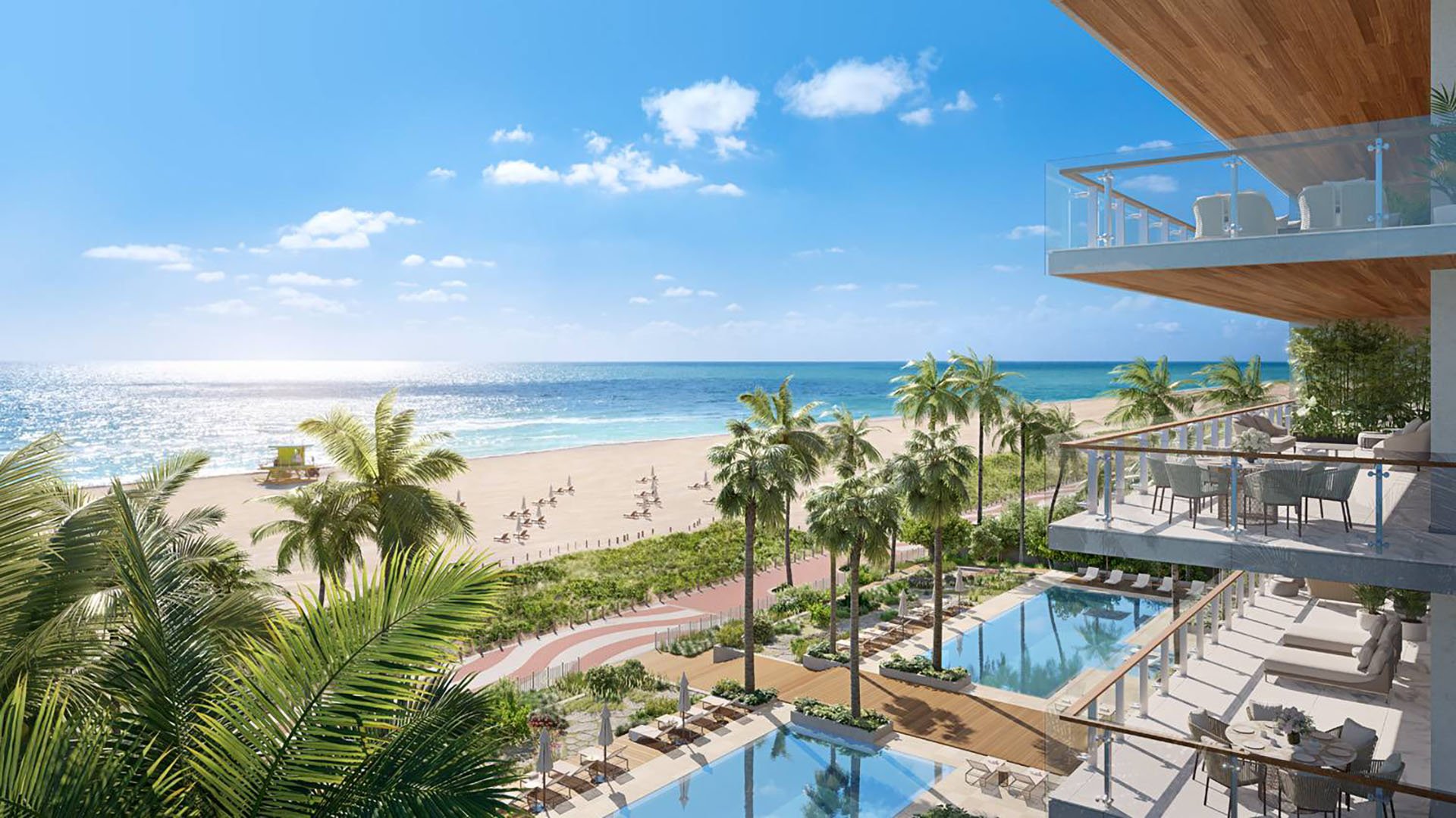 57 Ocean Miami Beach beachfront resort perspective with sand, palms and ocean, showcasing luxury and ultra luxury preconstruction condos on Millionaire's Row, Mid-Beach, Miami Beach, Florida.