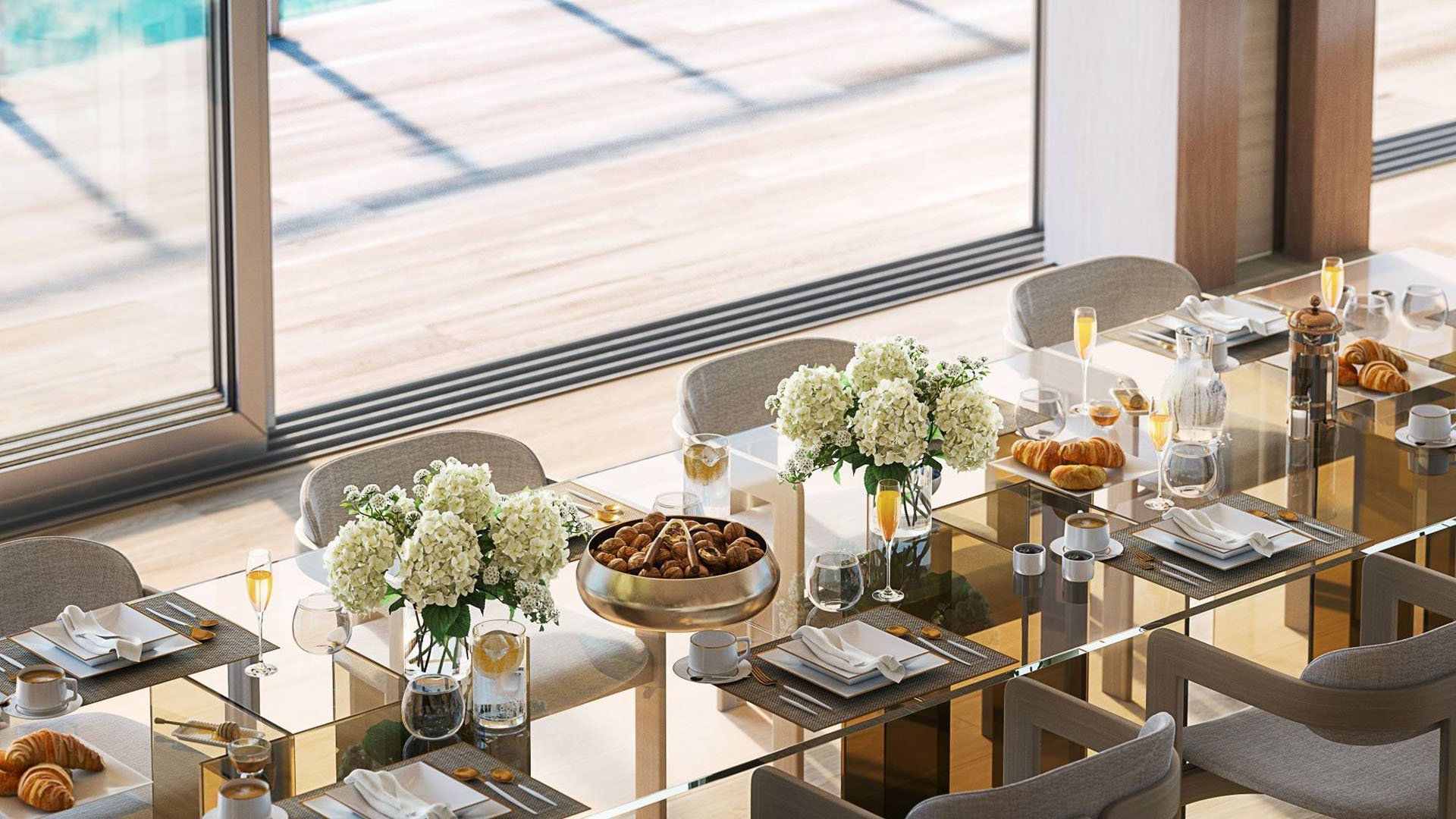 57 Ocean Miami Beach elegant breakfast table setting in oceanfront residence, showcasing luxury and ultra luxury preconstruction condos interiors in Mid-Beach, Miami Beach, Florida.