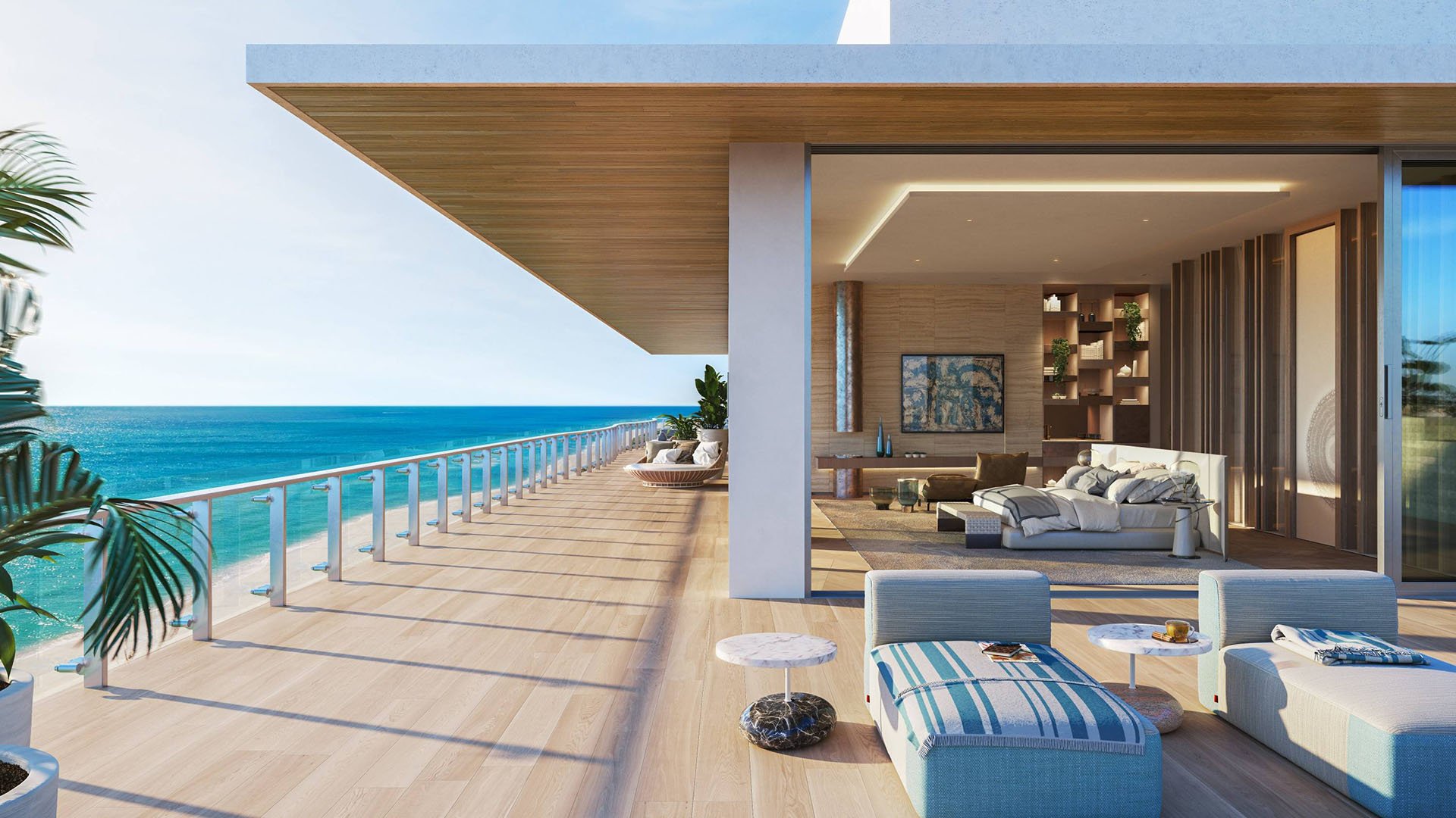 57 Ocean Miami Beach oceanfront apartment balcony view of beach and Atlantic, showcasing luxury and ultra luxury preconstruction condos in Mid-Beach, Miami Beach, Florida.