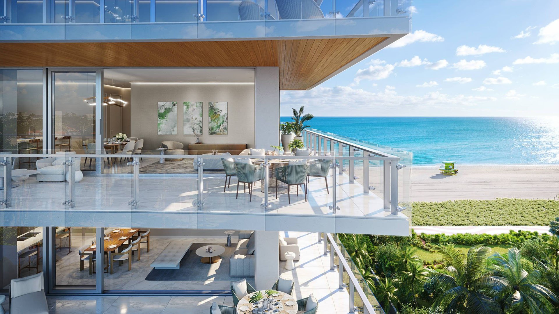 57 Ocean Miami Beach oceanfront condo balcony with direct Atlantic view, showcasing luxury and ultra luxury preconstruction condos on Millionaire's Row, Mid-Beach, Miami Beach, Florida.
