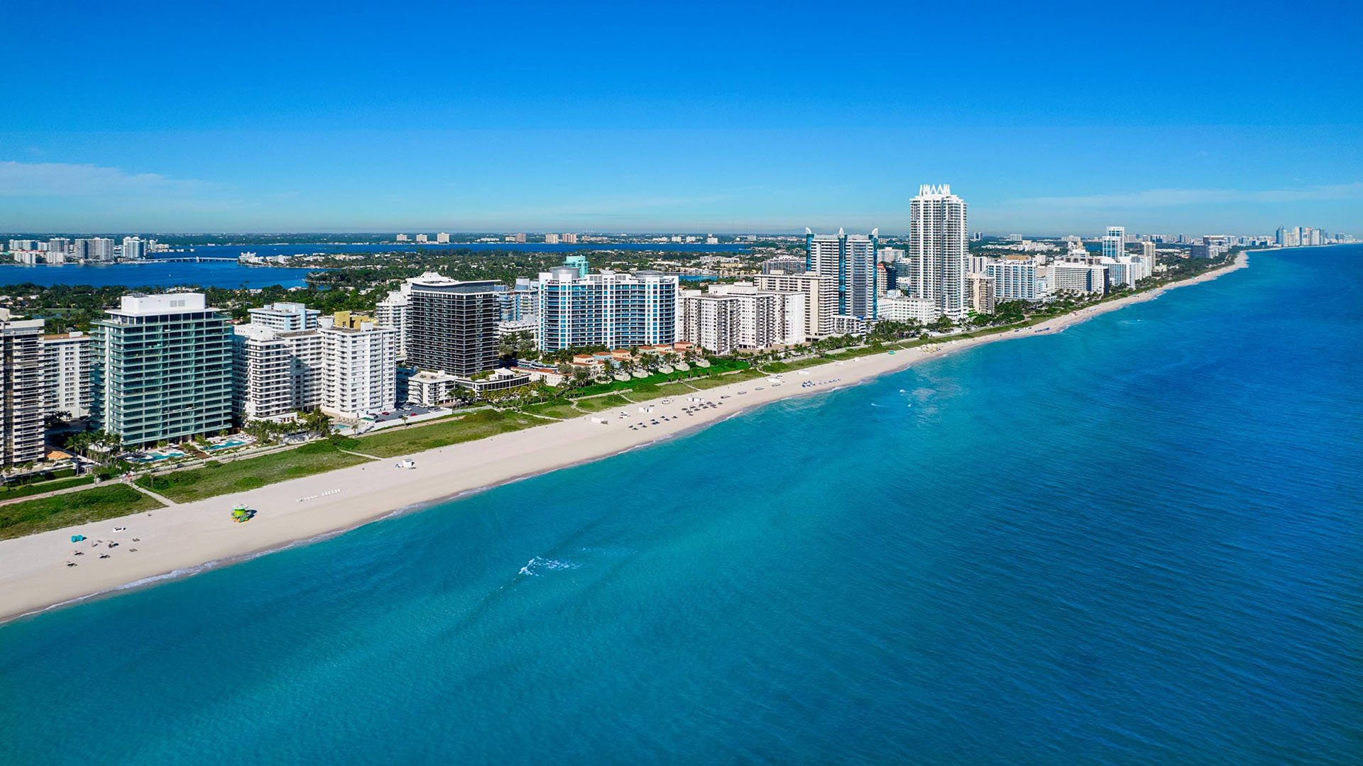 57 Ocean Miami Beach aerial view of the Miami Beach shoreline, showcasing luxury and ultra luxury preconstruction condos on Millionaire's Row, Mid-Beach, Miami Beach, Florida.