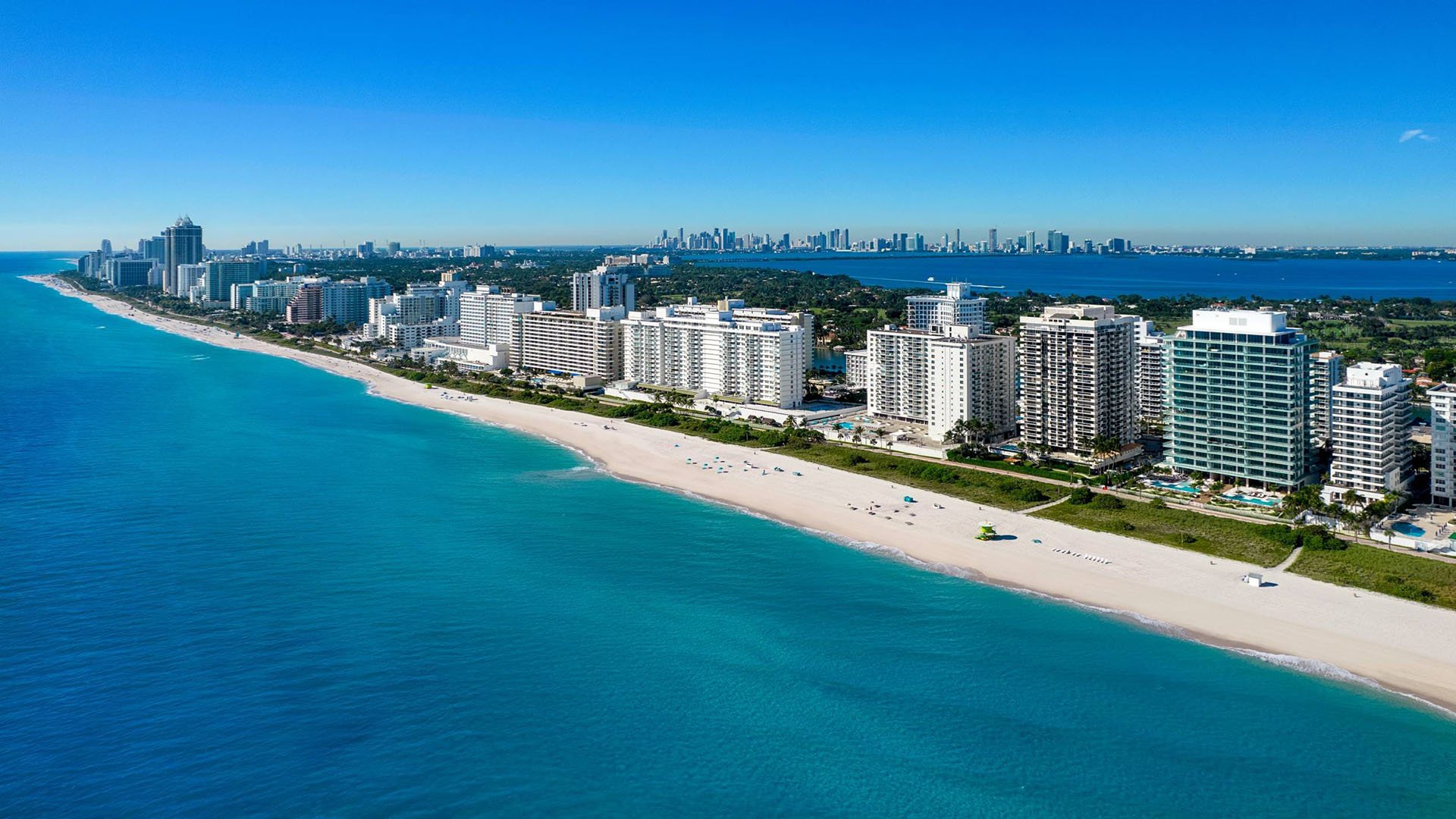 57 Ocean Miami Beach skyline aerial view of Miami Beach and coastline, showcasing luxury and ultra luxury preconstruction condos in Mid-Beach on Millionaire's Row, Miami Beach, Florida.