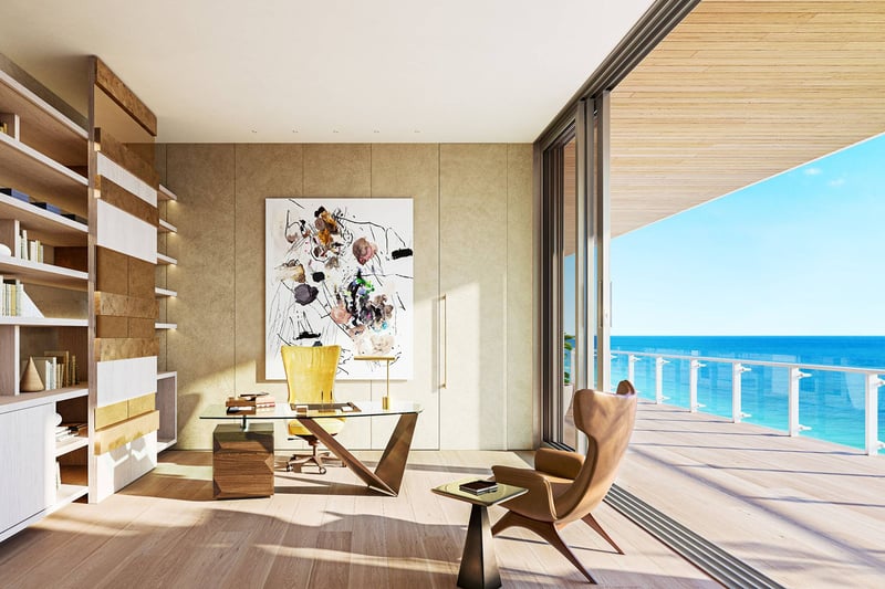 57 Ocean Miami Beach modern home office with ocean view workspace, showcasing luxury and ultra luxury preconstruction condos interiors on Millionaire's Row, Mid-Beach, Miami Beach, Florida.