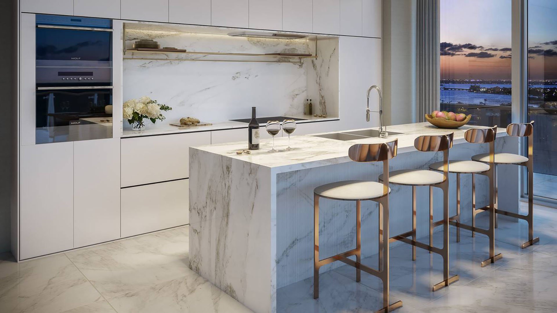 57 Ocean Miami Beach modern kitchen interior design with sleek cabinetry, showcasing luxury and ultra luxury preconstruction condos interiors on Millionaire's Row, Mid-Beach, Miami Beach, Florida.
