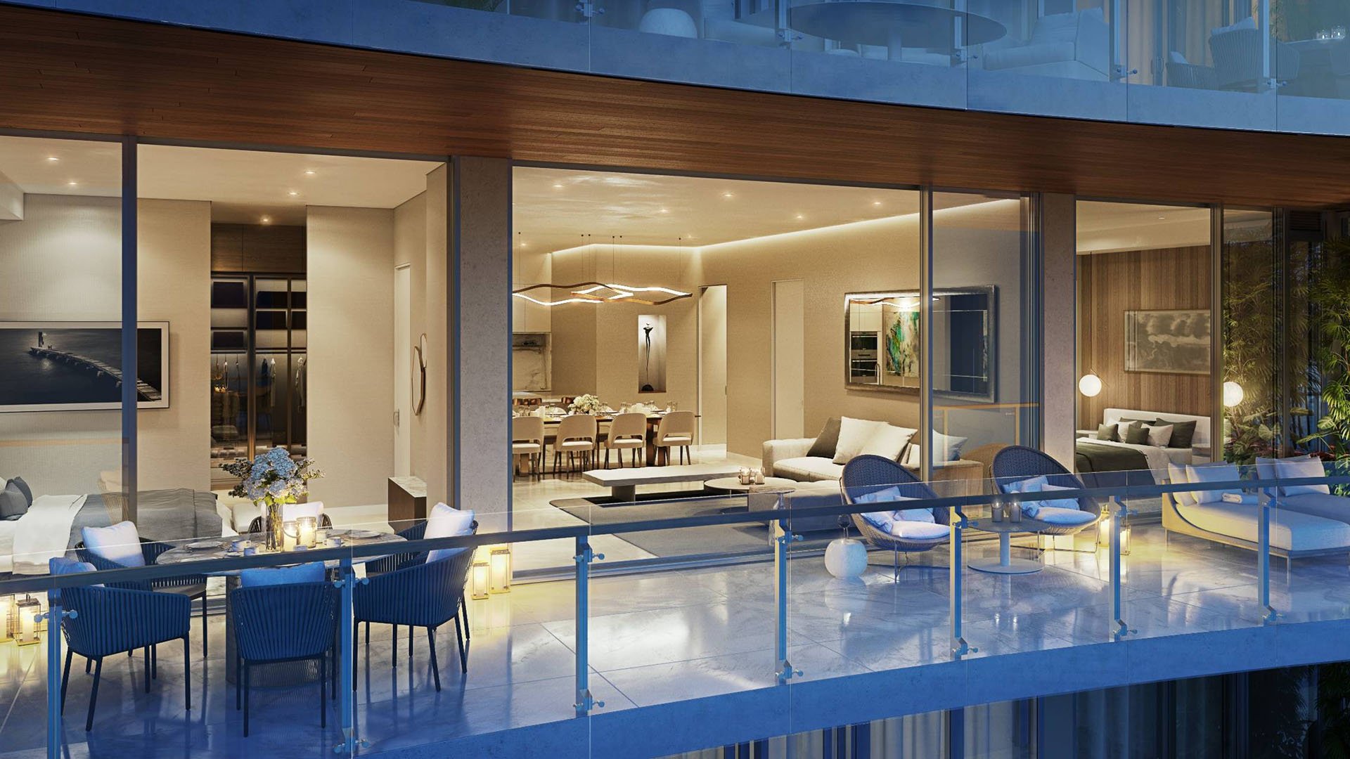 57 Ocean Miami Beach modern living room with balcony seating setup, showcasing luxury and ultra luxury preconstruction condos interiors in Mid-Beach, Miami Beach, Florida.