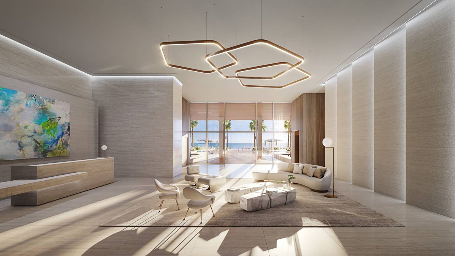 57 Ocean Miami Beach modern living room interior with ocean view and open plan, showcasing luxury and ultra luxury preconstruction condos on Millionaire's Row, Mid-Beach, Miami Beach, Florida.