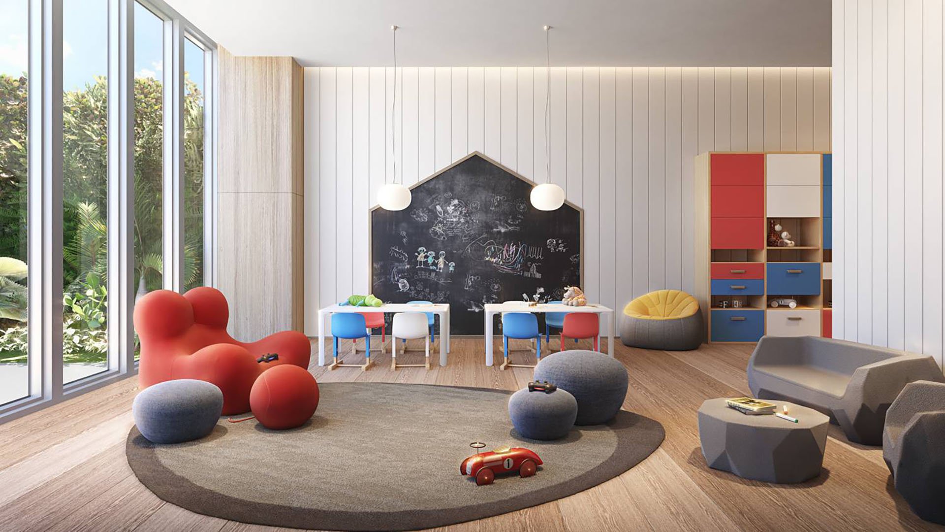 57 Ocean Miami Beach modern playroom interior for families, showcasing luxury and ultra luxury preconstruction condos amenities in Mid-Beach on Millionaire's Row, Miami Beach, Florida.