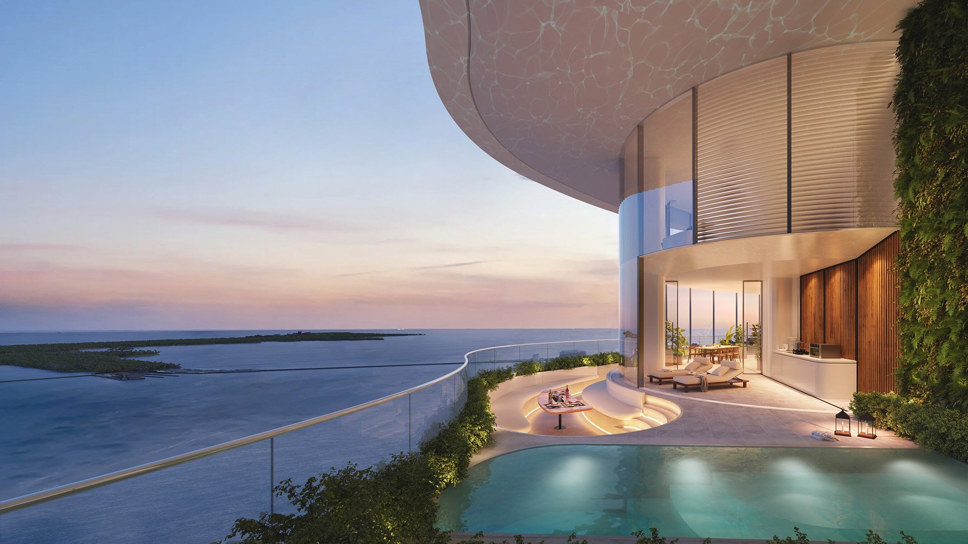 619 Residences by Foster + Partners + Nobu Hospitality in 619 Brickell, Miami, Florida, featuring luxury and ultra luxury preconstruction condos with a private pool sky terrace, curved glass balcony, outdoor lounge and panoramic Biscayne Bay sunset views.