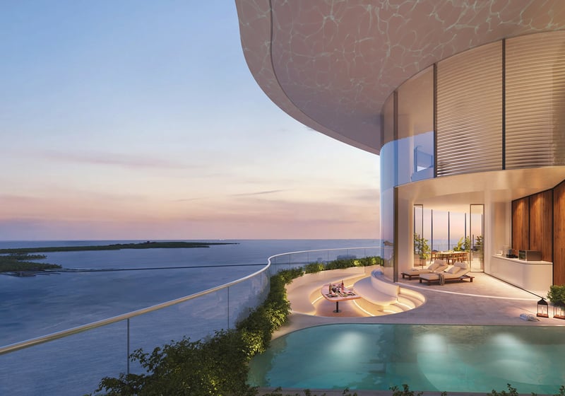 619 Residences by Foster + Partners + Nobu Hospitality in 619 Brickell, Miami, Florida, featuring luxury and ultra luxury preconstruction condos with a private pool sky terrace, curved glass balcony, outdoor lounge and panoramic Biscayne Bay sunset views.