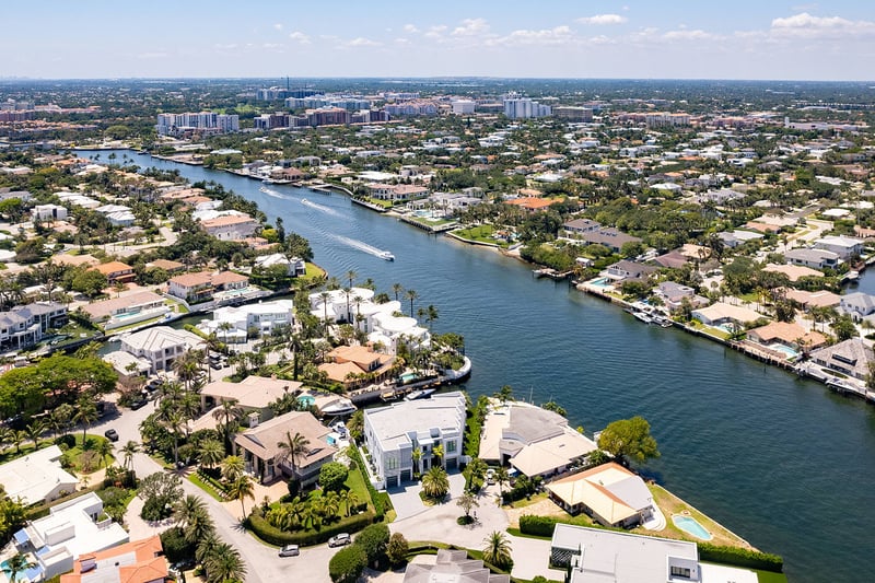 749 Bamboo Dr Boca Raton aerial view of Sun and Surf waterfront homes in South Florida, showcasing luxury and ultra luxury resale coastal real estate and condos near the Intracoastal Waterway, Boca Raton, Florida.