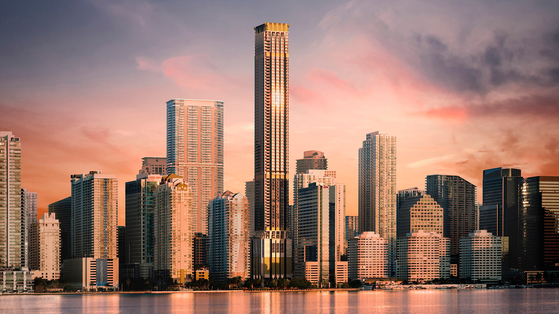888 Brickell Residences, Brickell Miami skyline at sunset, modern skyscrapers over Biscayne Bay, ultra luxury and luxury condos in preconstruction. Featuring cityscape.