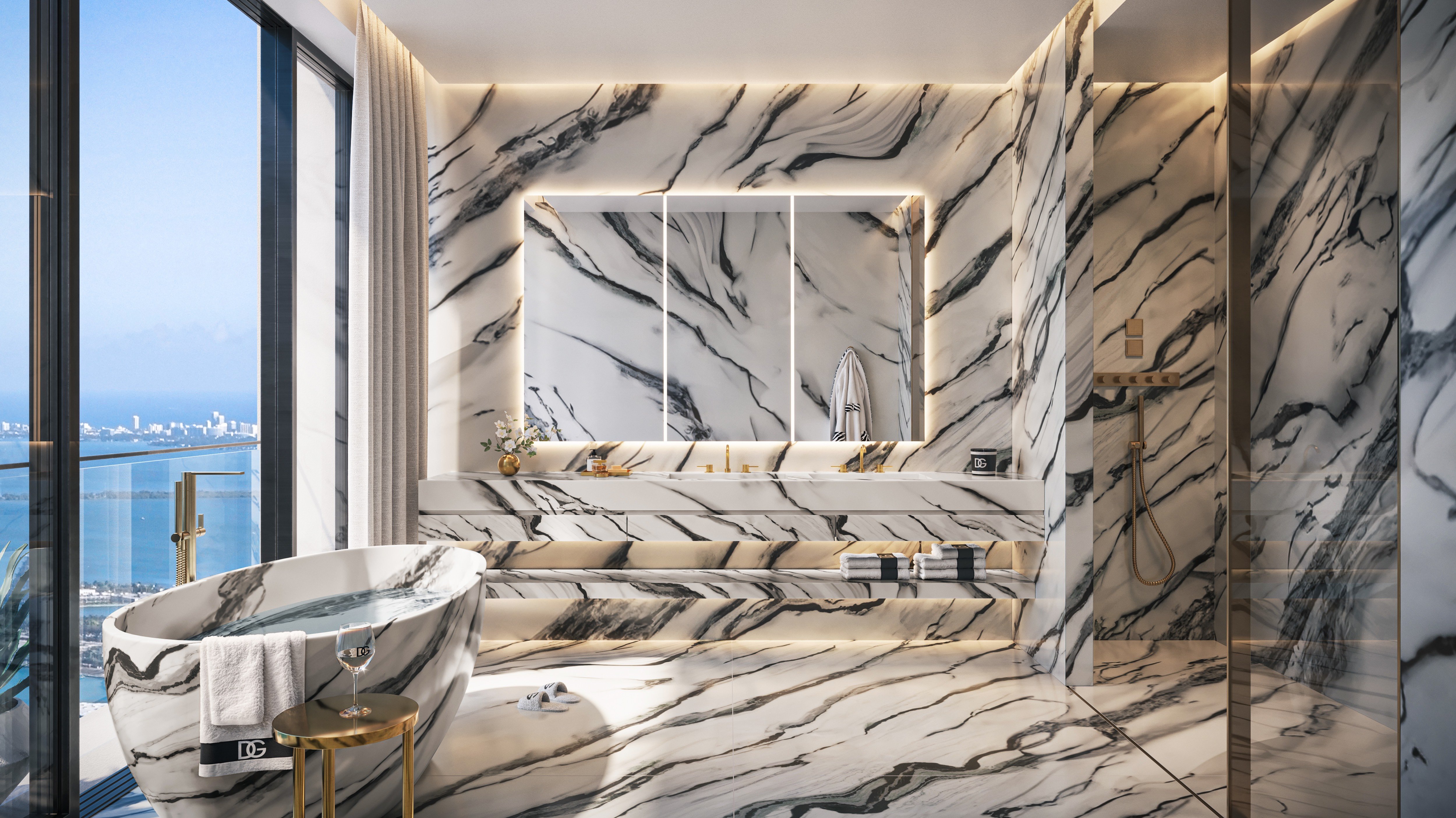 888 Brickell Residences marble bathroom with skyline outlook in Brickell, Miami—elevated finishes for ultra luxury and luxury condos, preconstruction.