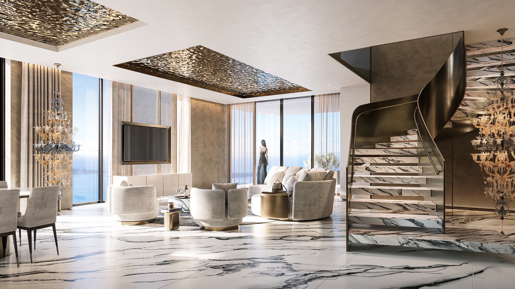 888 Brickell Residences modern living room with panoramic city views, Brickell Miami, designer interiors for ultra luxury and luxury condos, preconstruction. Featuring luxurious.