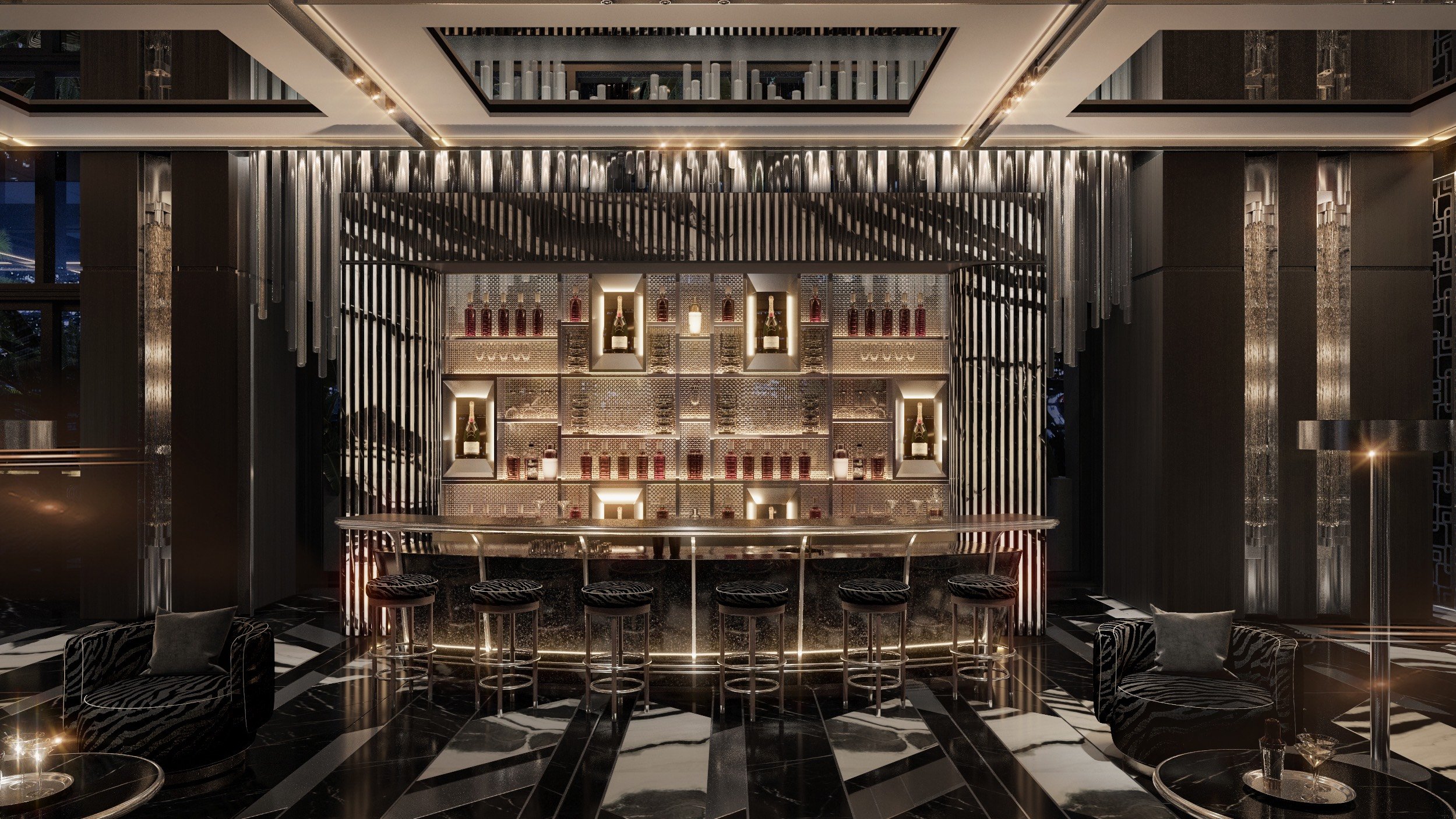 888 Brickell Residences signature bar interior, Brickell Miami, hospitality-level setting for ultra luxury and luxury condos, preconstruction.