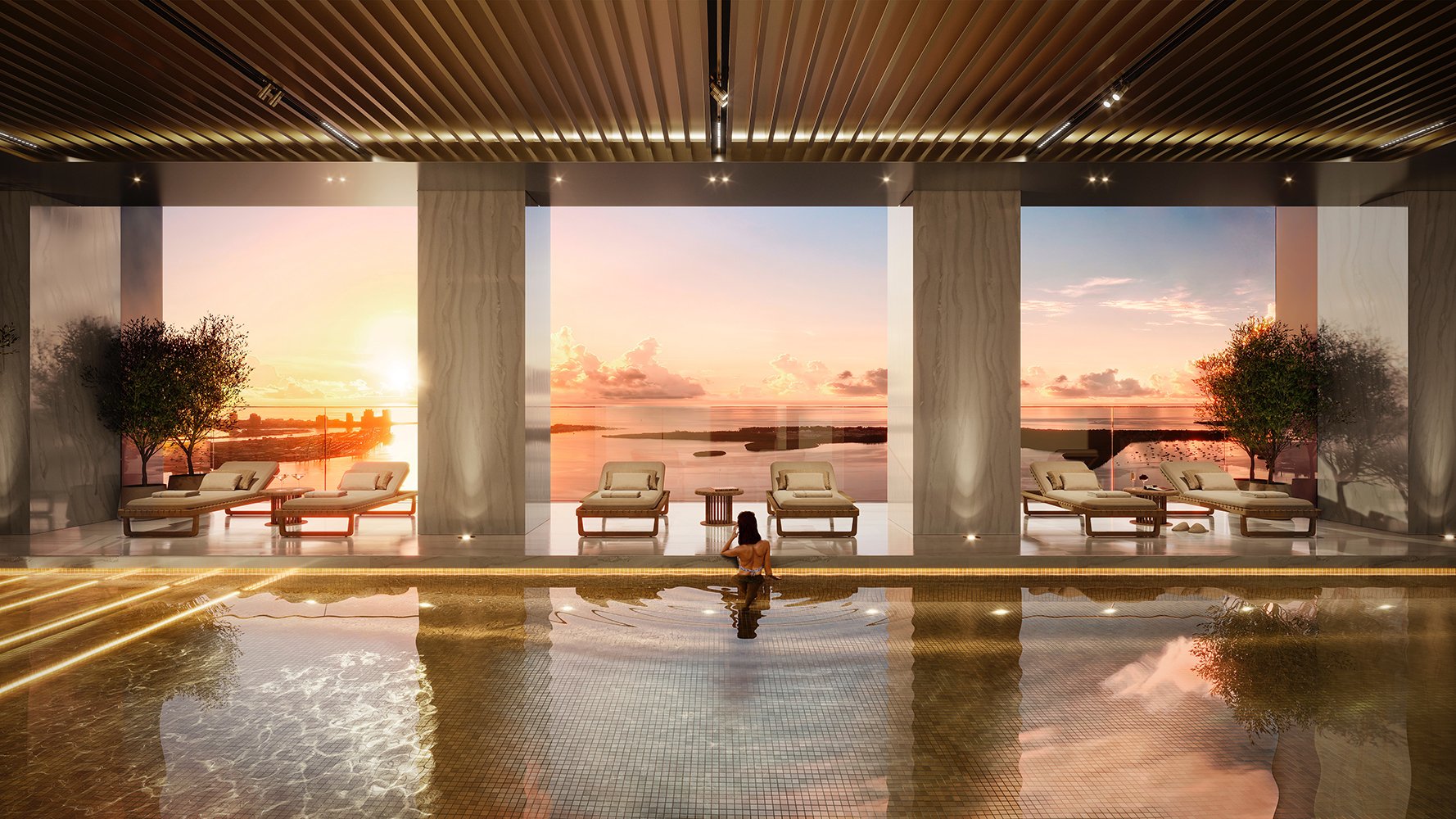888 Brickell Residences sunset spa pool, Brickell Miami—wellness amenity for ultra luxury and luxury condos, preconstruction.