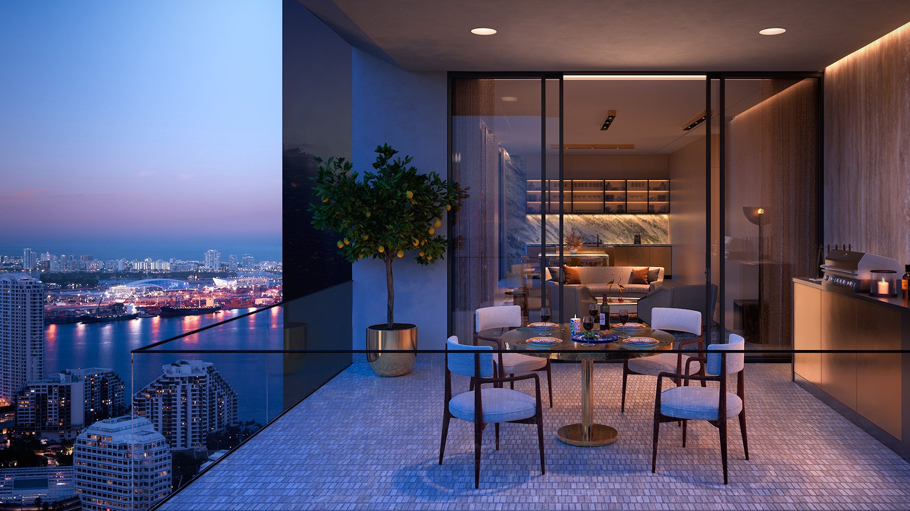 888 Brickell Residences balcony dining with city view, Brickell Miami, sky‑level living in ultra luxury and luxury condos, preconstruction. Featuring modern.