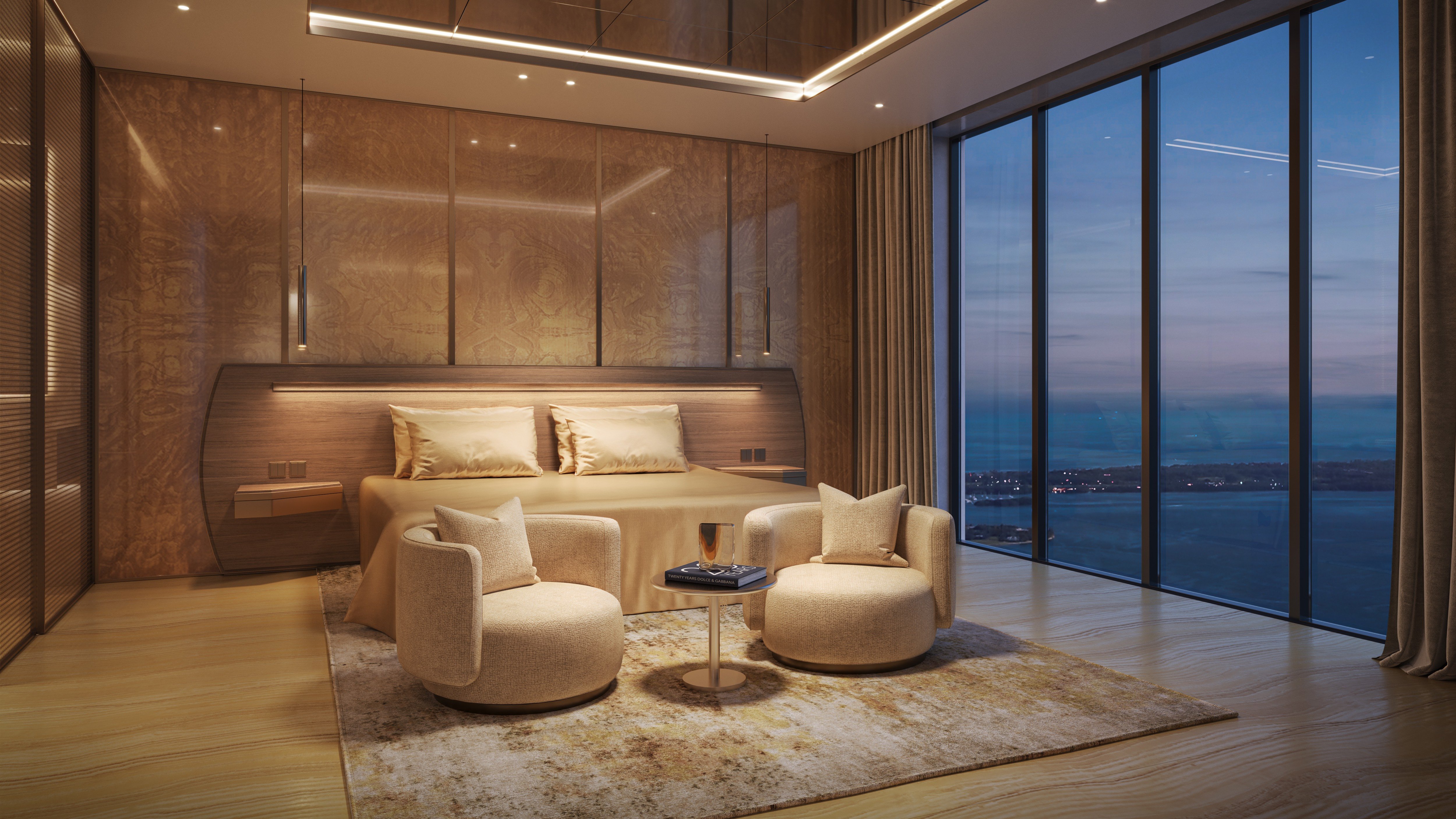 888 Brickell Residences modern bedroom in calm neutrals, Brickell Miami, quiet retreat inside ultra luxury and luxury condos, preconstruction. Featuring interior design.