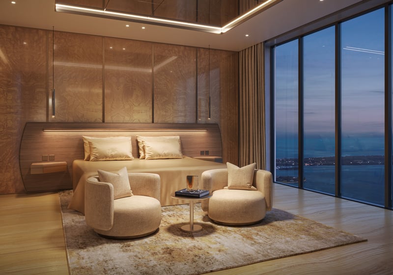 888 Brickell Residences modern bedroom in calm neutrals, Brickell Miami, quiet retreat inside ultra luxury and luxury condos, preconstruction. Featuring interior design.