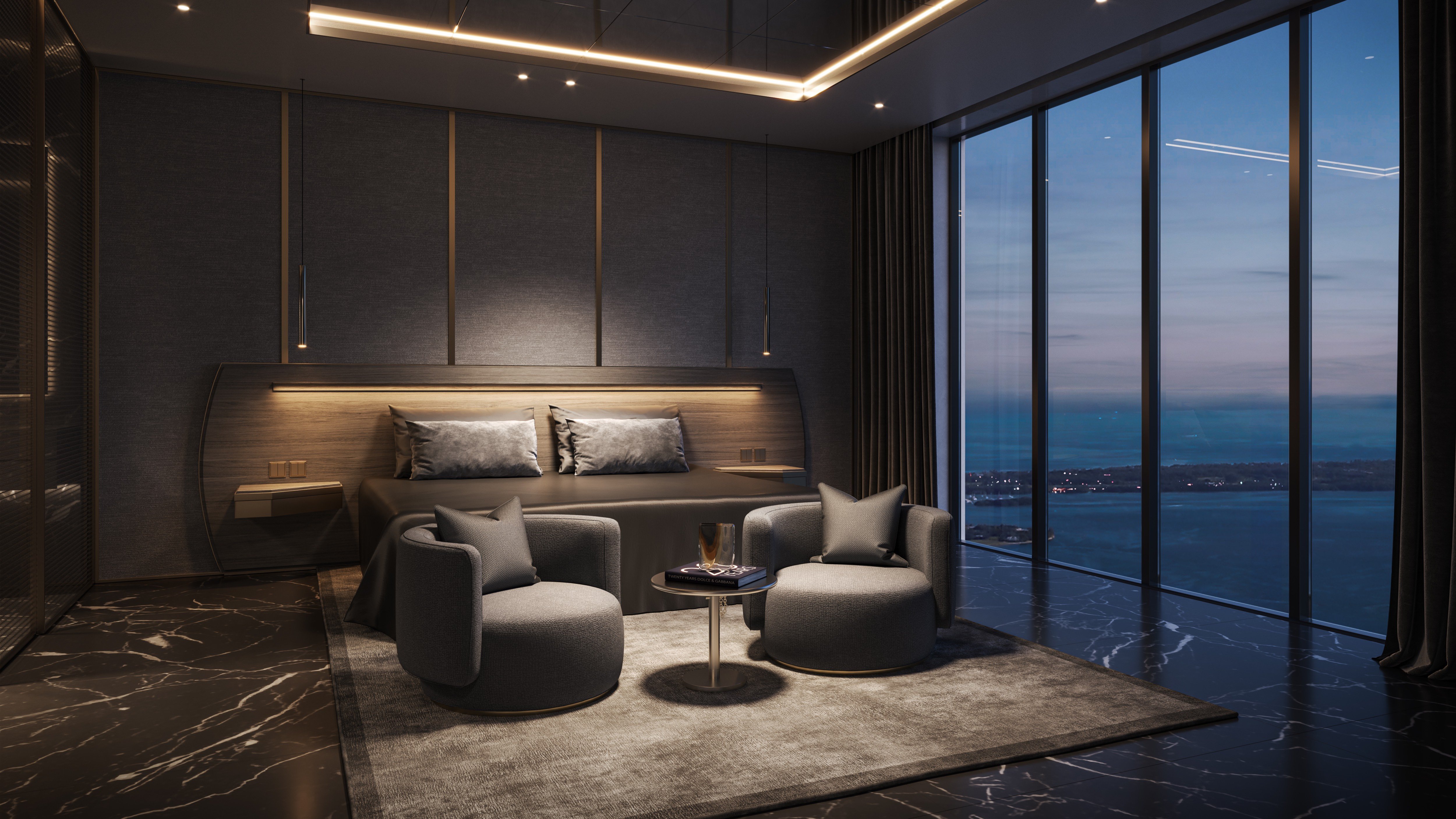 888 Brickell Residences bedroom with glittering night skyline, Brickell Miami, panoramic perch for ultra luxury and luxury condos, preconstruction. Featuring modern interior view.