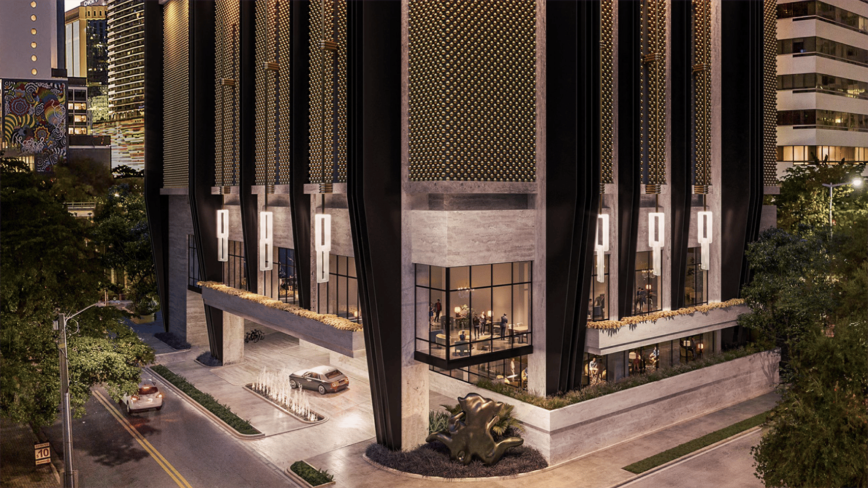 888 Brickell Residences night view of the tower, Brickell Miami, skyline landmark of ultra luxury and luxury condos, preconstruction. Featuring modern and building.