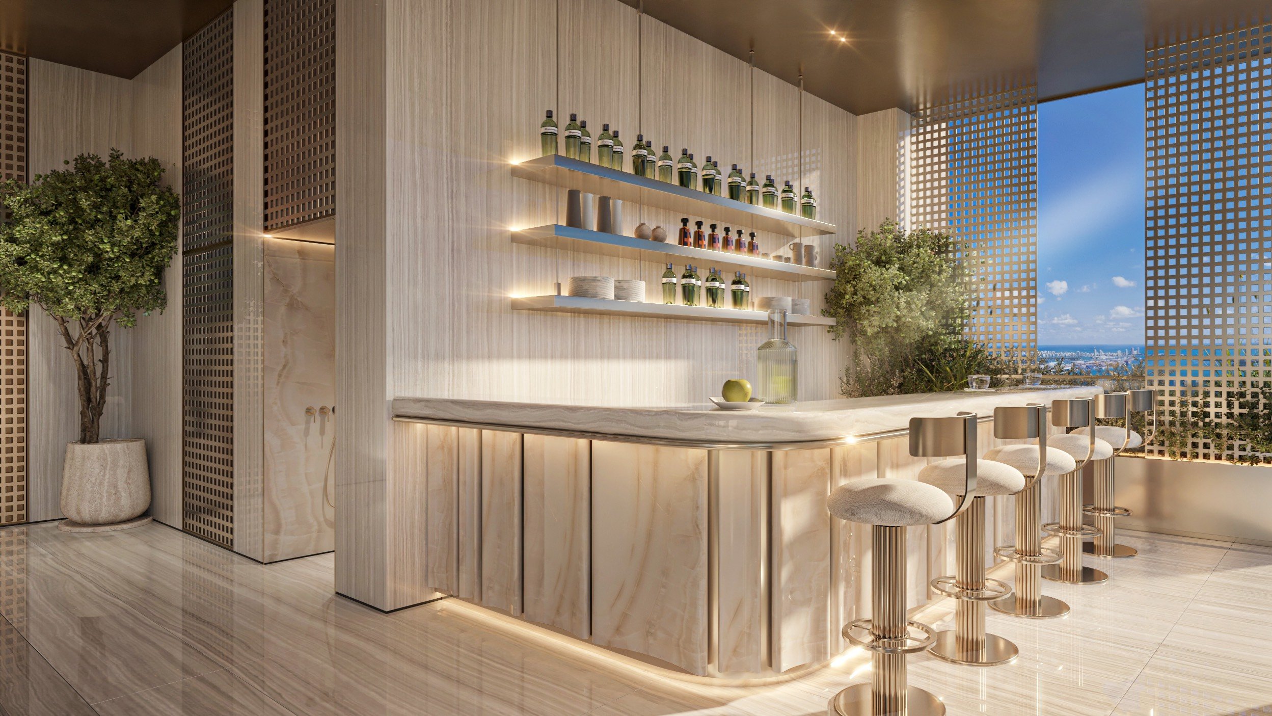 888 Brickell Residences kitchen bar with marble and metallic accents, Brickell Miami, chef‑ready space in ultra luxury and luxury condos, preconstruction. Featuring modern design.