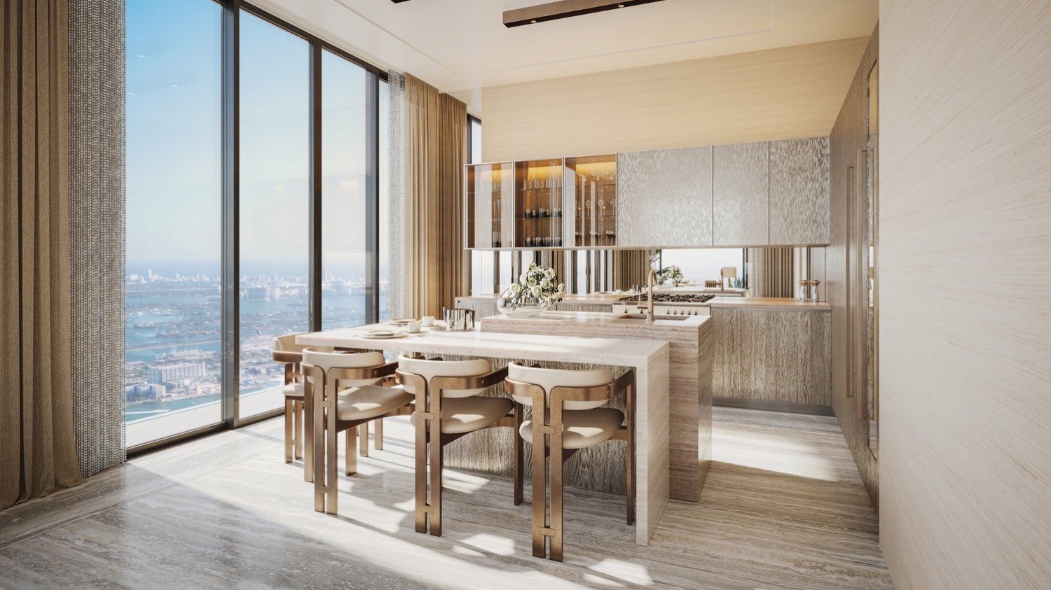 888 Brickell Residences kitchen with sweeping city view, Brickell Miami, sleek design for ultra luxury and luxury condos, preconstruction. Featuring modern interior.