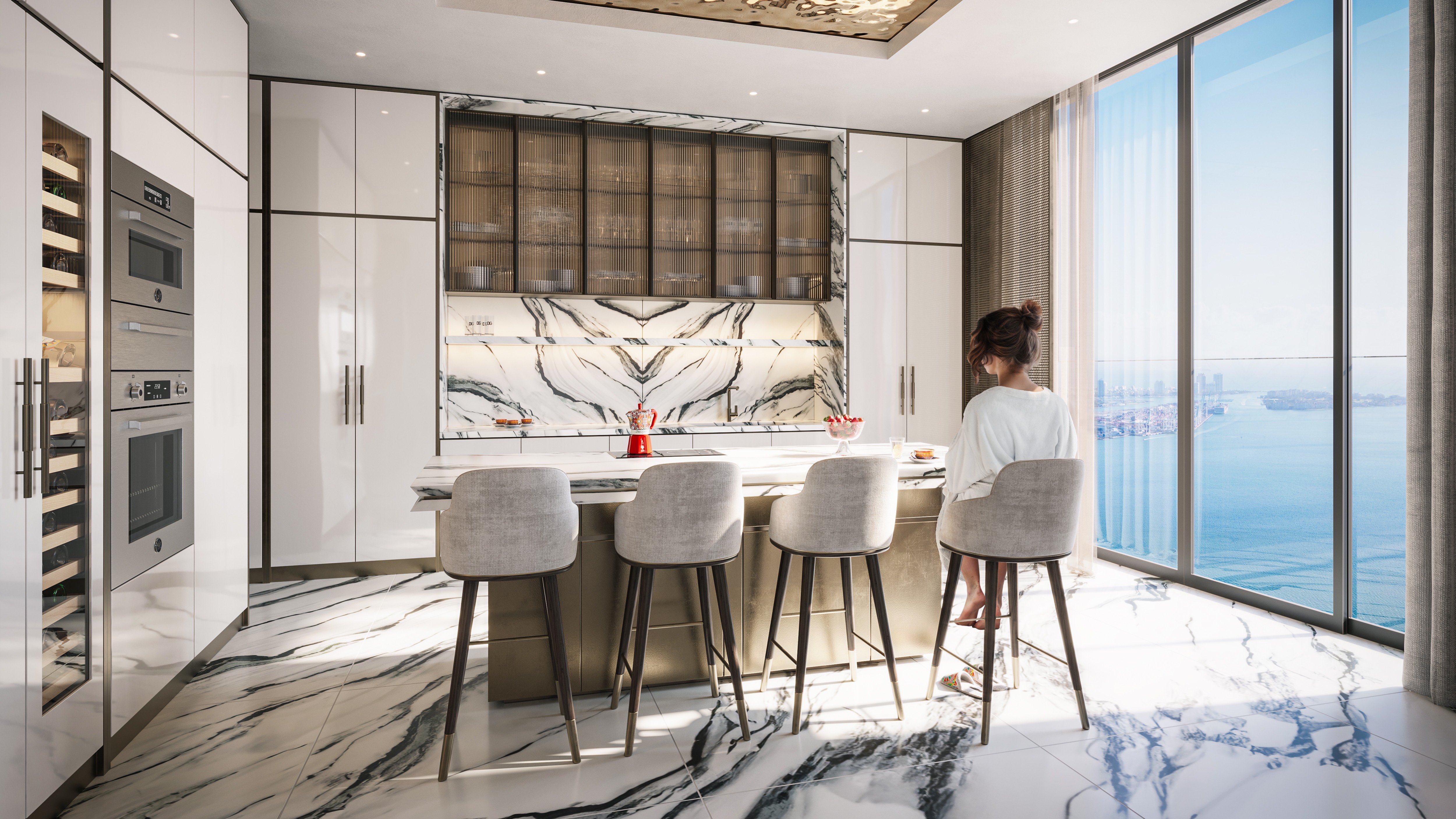 888 Brickell Residences, Brickell Miami kitchen with broad water view, sleek cabinetry and wine storage, ultra luxury and luxury condos; active preconstruction. Featuring modern interior.