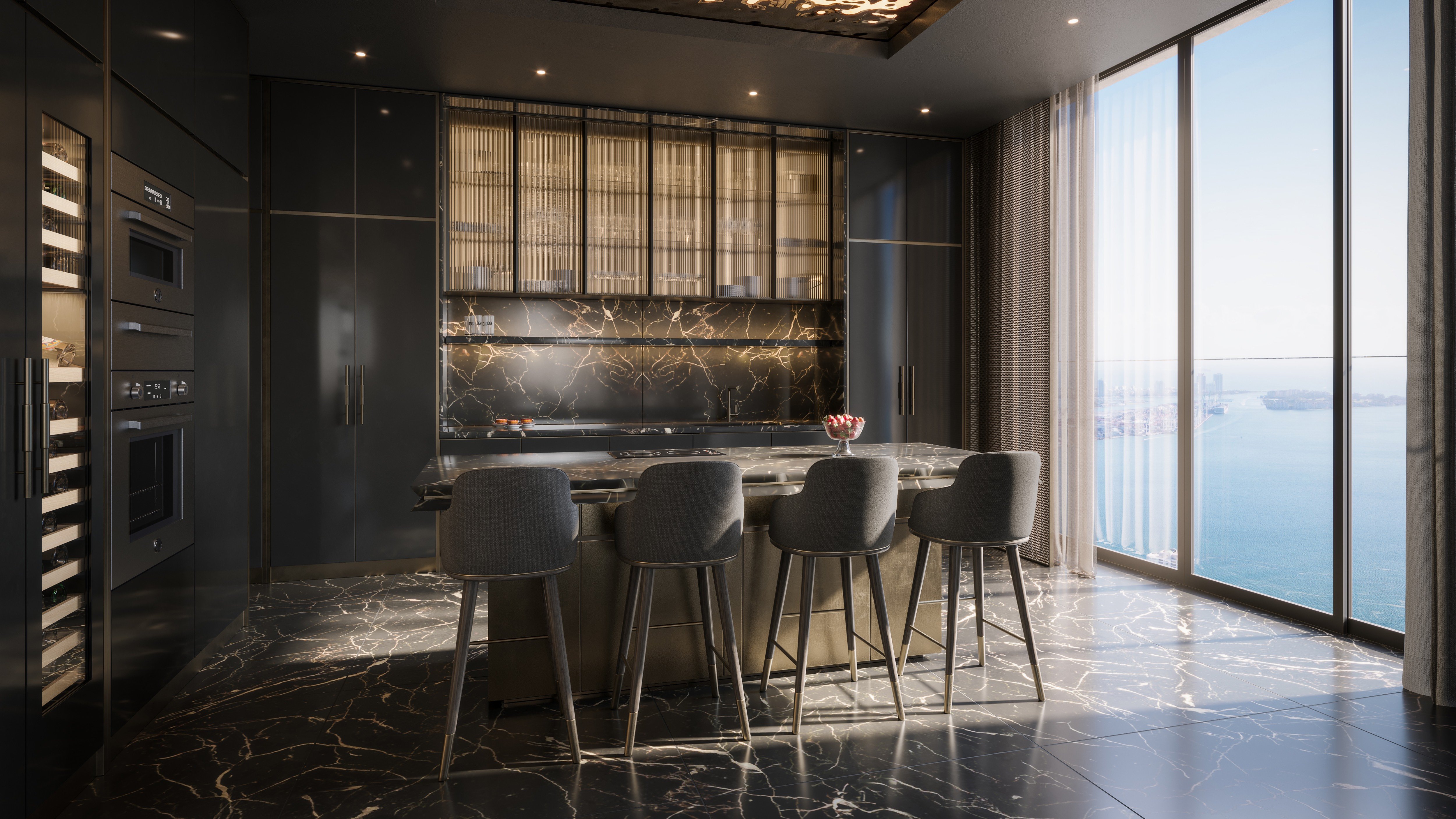 888 Brickell Residences, Brickell Miami gourmet kitchen overlooking the waterfront, bar seating and marble slab, luxury and ultra luxury condos; preconstruction. Featuring modern and view.