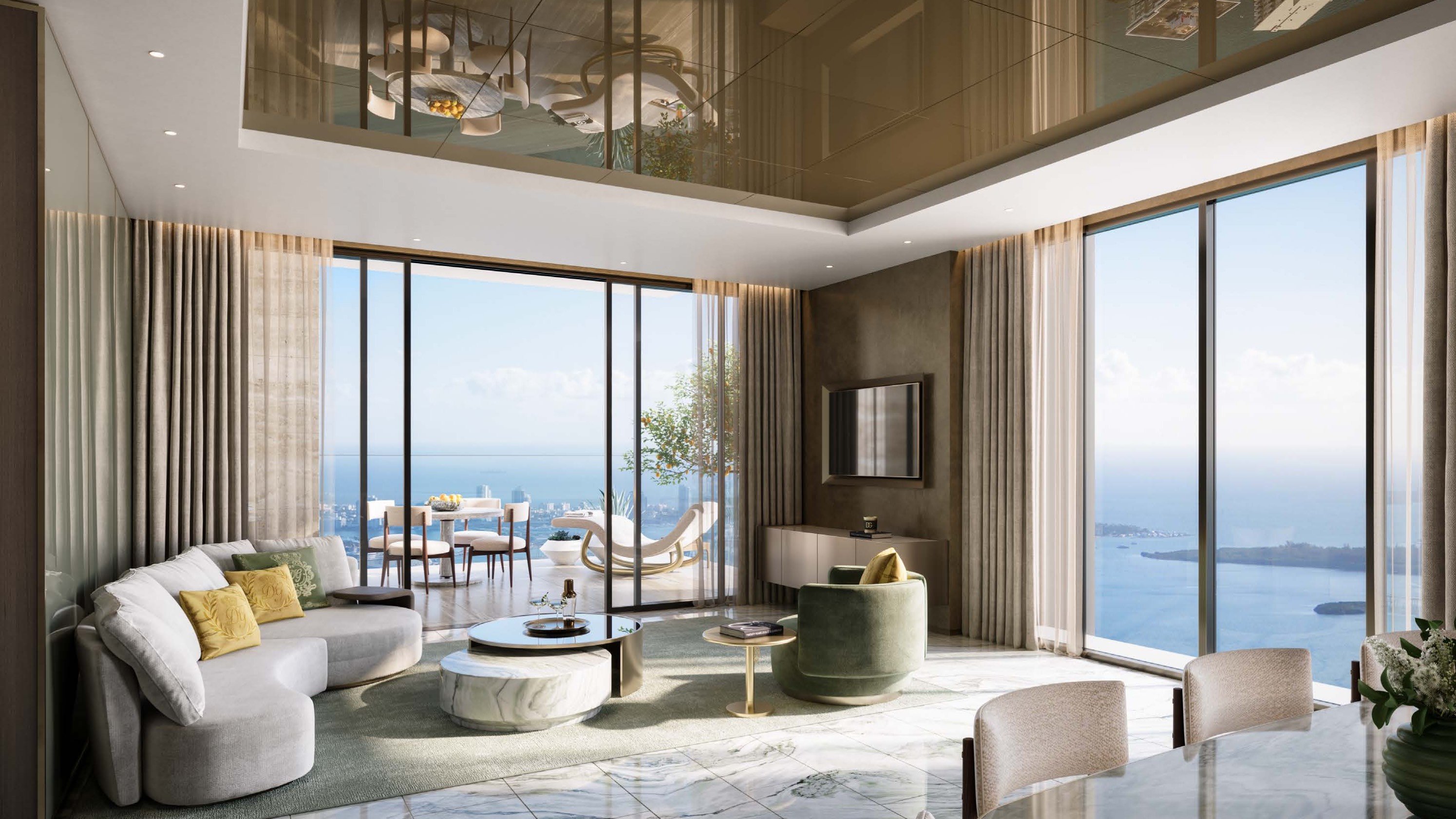 888 Brickell Residences, Brickell Miami modern living room facing the ocean, floor‑to‑ceiling glass and terrace, ultra luxury and luxury condos; preconstruction. Featuring interior and view.