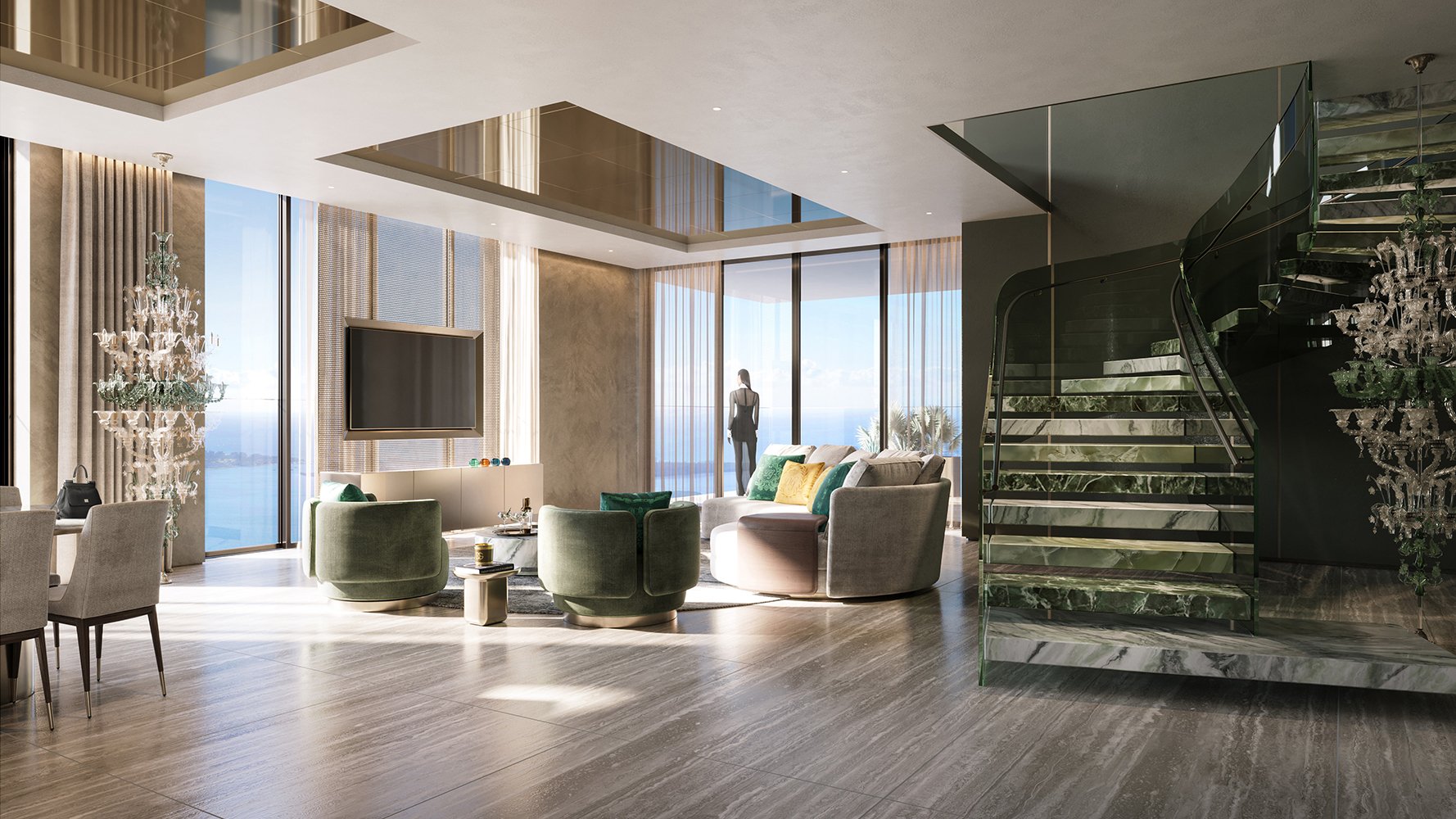 888 Brickell Residences, Brickell Miami great room with unobstructed ocean view, curated art and neutral textures, luxury and ultra luxury condos; preconstruction. Featuring modern, living, and interior.