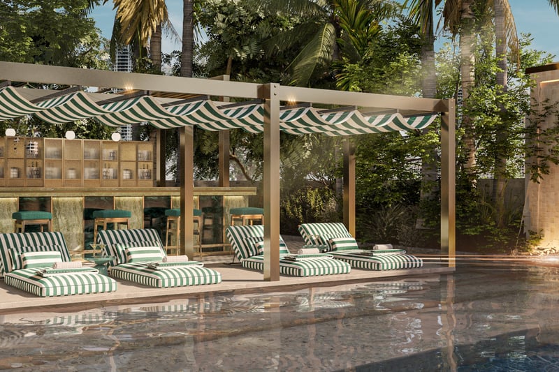 888 Brickell Residences, Brickell Miami poolside lounge with cabanas, palms and skyline, ultra luxury and luxury condos; preconstruction amenities. Featuring area.