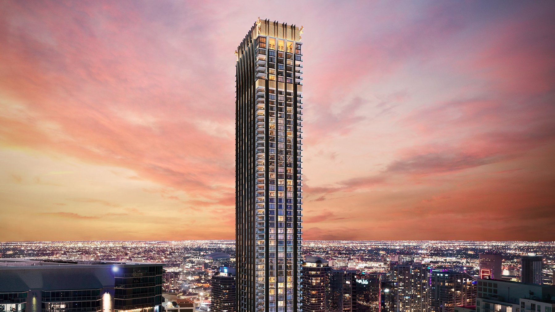 888 Brickell Residences, Brickell Miami skyscraper at sunset, luminous façade above Biscayne Bay, luxury and ultra luxury condos; flagship preconstruction. Featuring view.