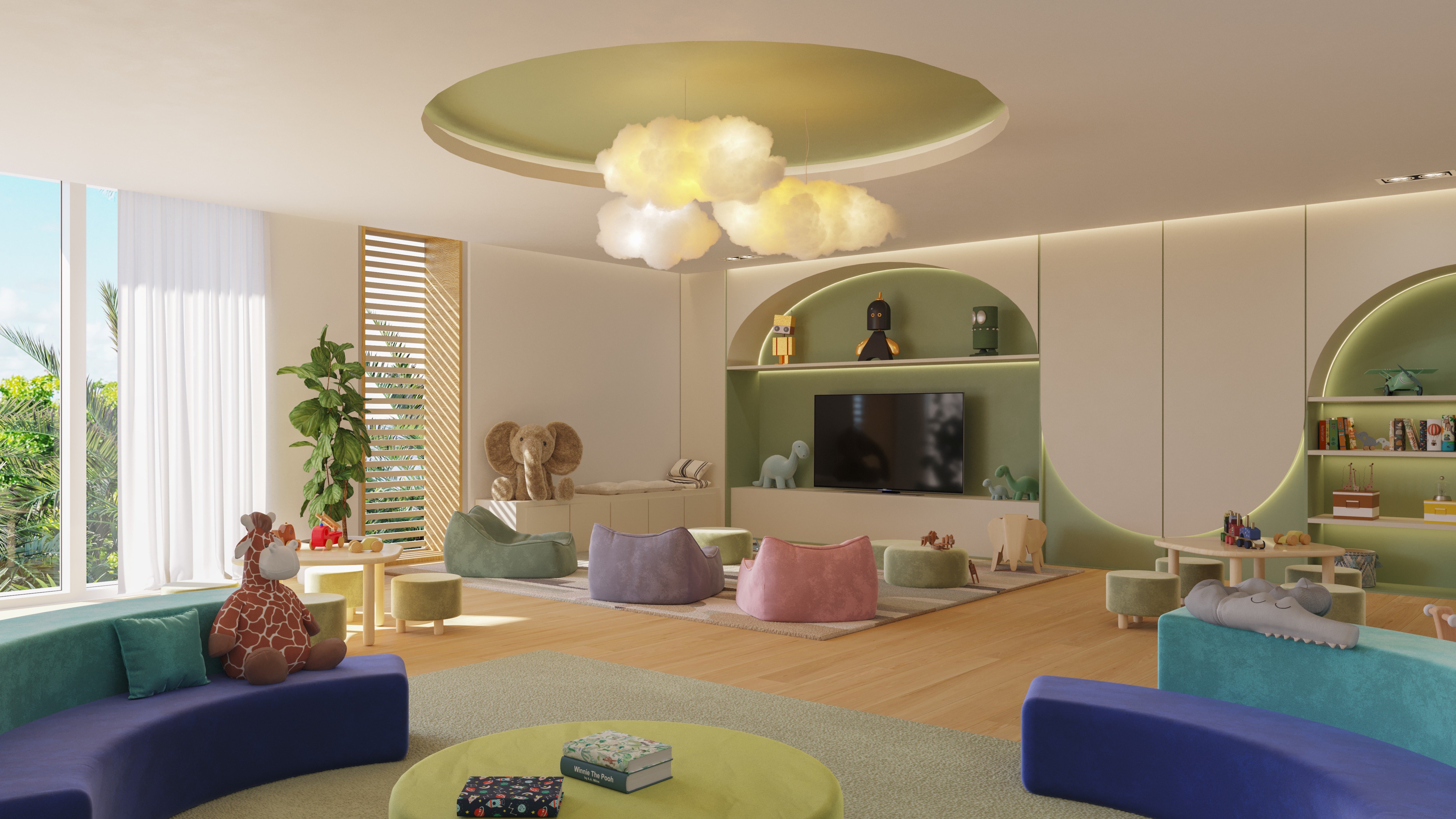 9900 West, Bay Harbor Islands children’s playroom with skyline glimpses, family‑friendly amenity for luxury and ultra luxury condos; boutique preconstruction. Featuring interior.