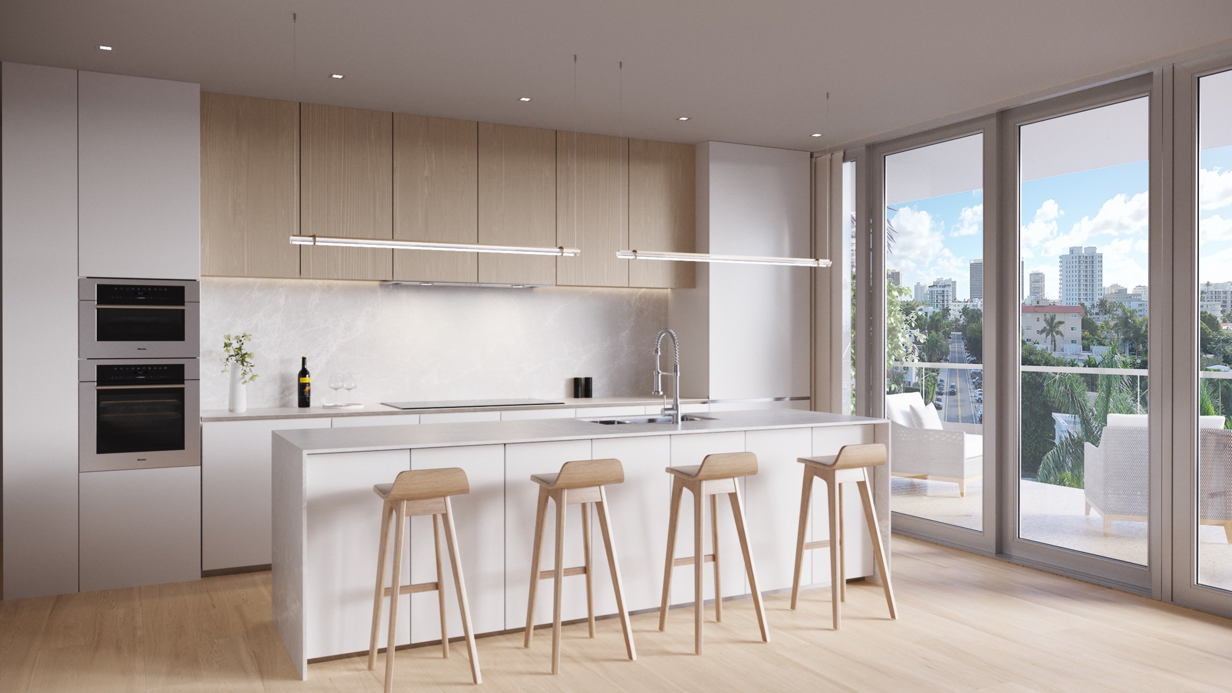 9900 West, Bay Harbor Islands kitchen with city view, stone island and integrated appliances, ultra luxury and luxury condos; preconstruction. Featuring modern interior.