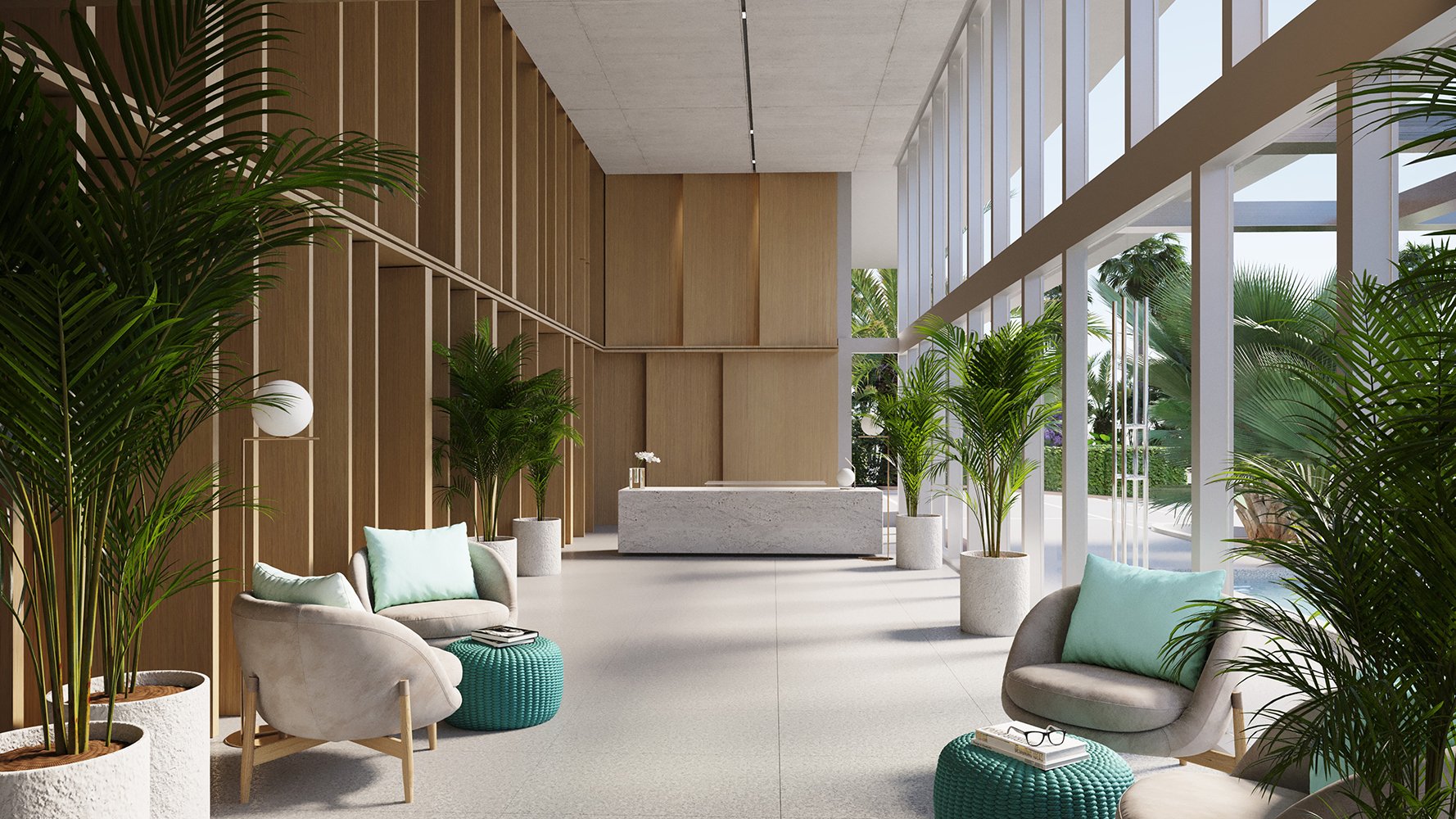 9900 West, Bay Harbor Islands lobby interior with artful lighting and concierge desk, arrival for luxury and ultra luxury condos; preconstruction. Featuring modern design.