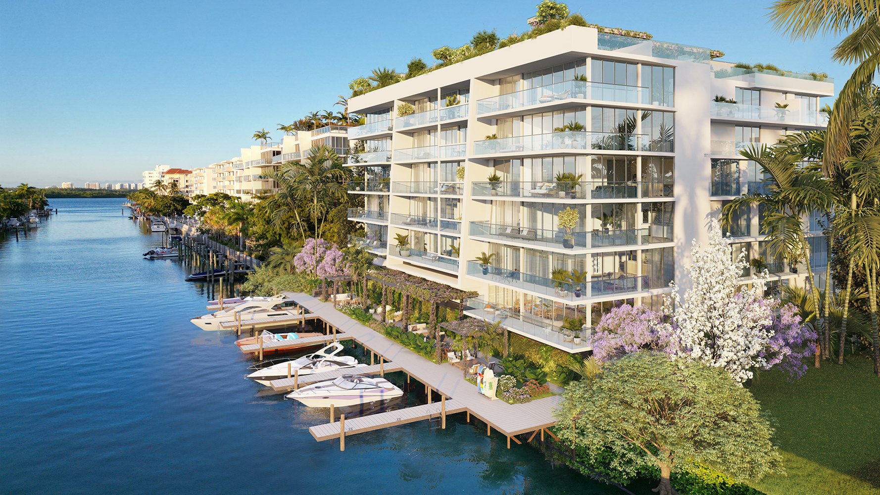9900 West, Bay Harbor Islands modern waterfront condo rising over turquoise canals—private marina vibe for luxury and ultra luxury condos; preconstruction.