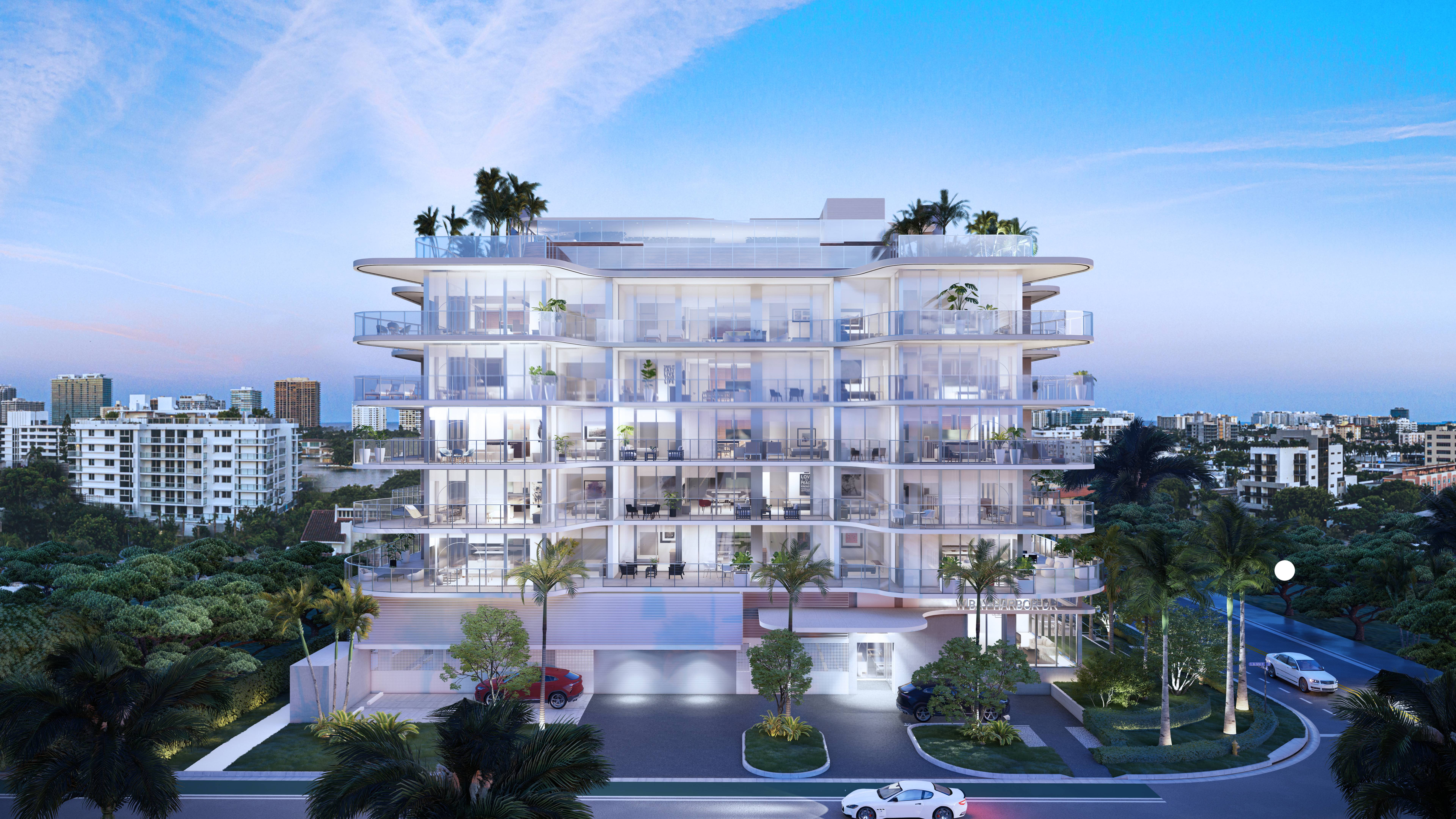 Alana Bay Harbor Islands modern exterior architecture, showcasing luxury and ultra luxury preconstruction condos in Bay Harbor Islands. Featuring apartment and building.