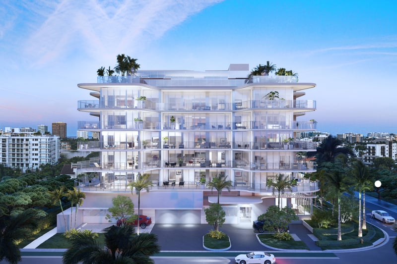 Alana Bay Harbor Islands modern exterior architecture, showcasing luxury and ultra luxury preconstruction condos in Bay Harbor Islands. Featuring apartment and building.
