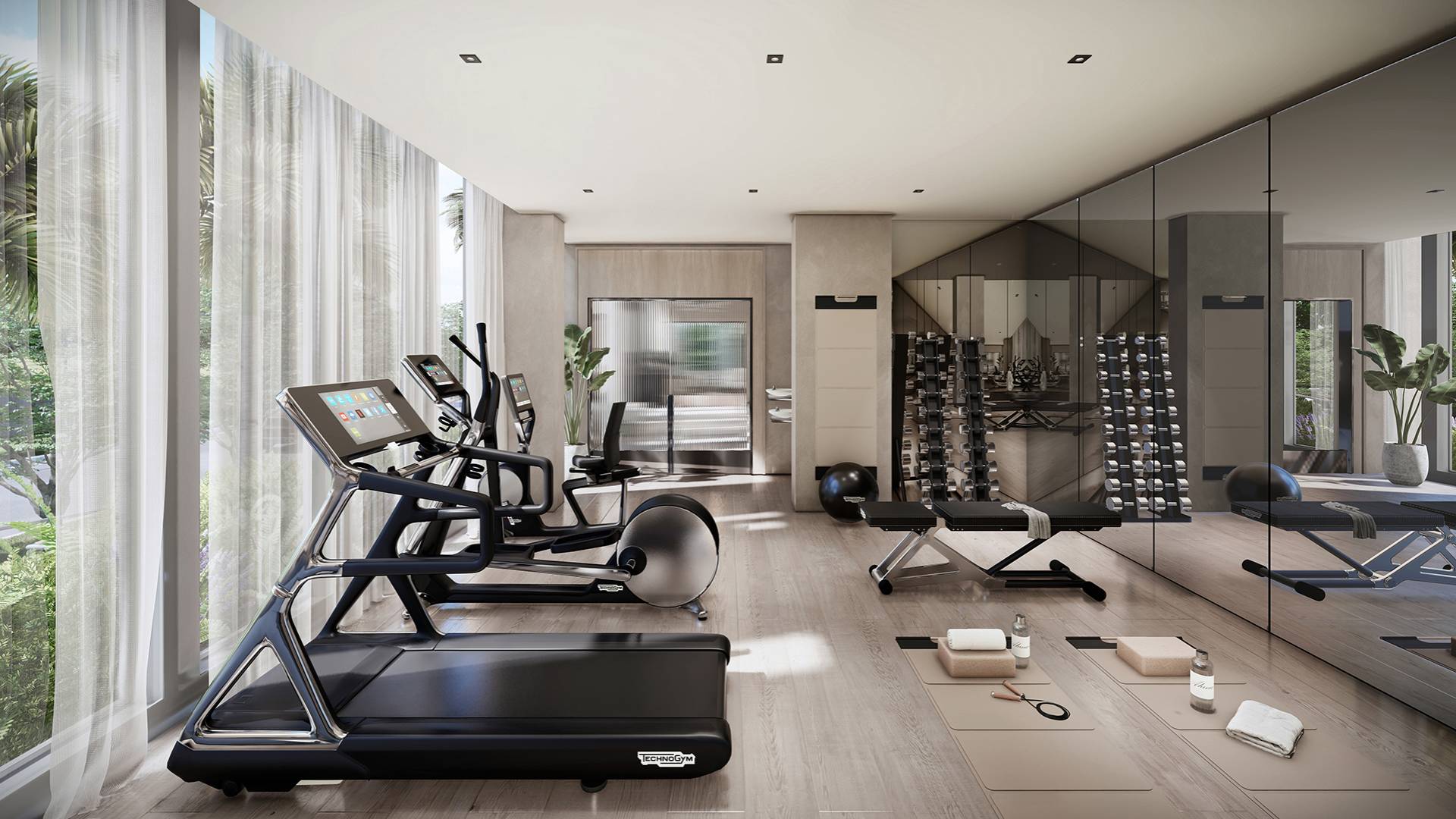 Alana Bay Harbor Islands home gym interior, luxury and ultra luxury fitness amenity for preconstruction condos in Miami. Featuring modern.