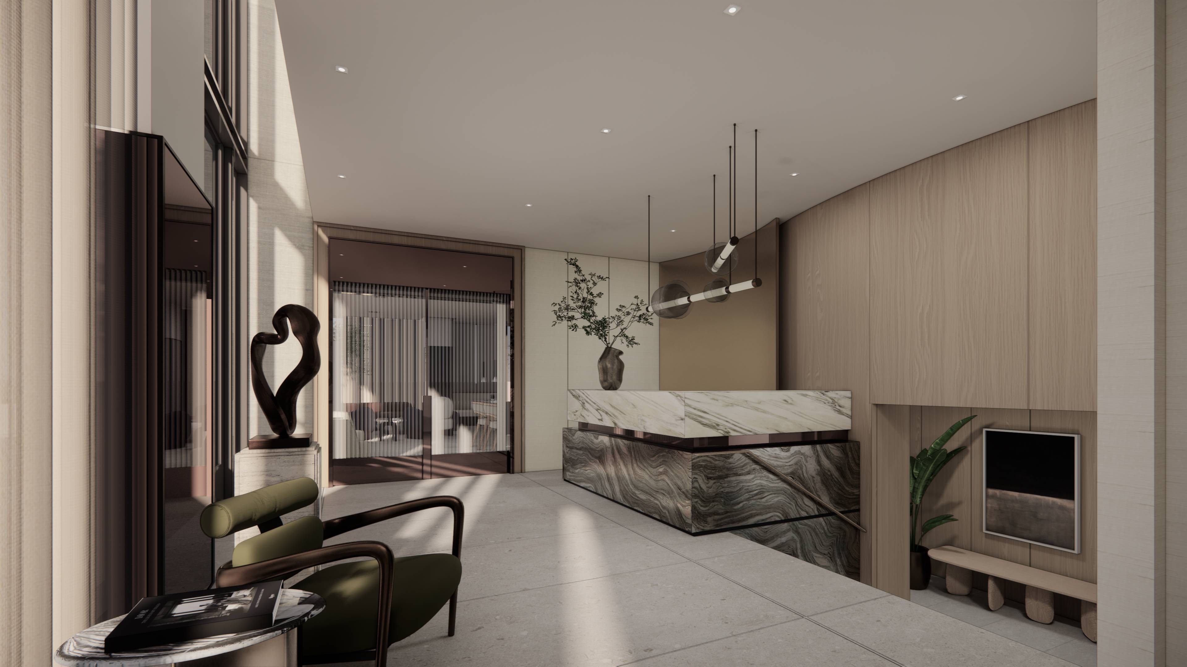 Alana Bay Harbor Islands reception area interior design, showcasing luxury and ultra luxury preconstruction condos amenities. Featuring modern.