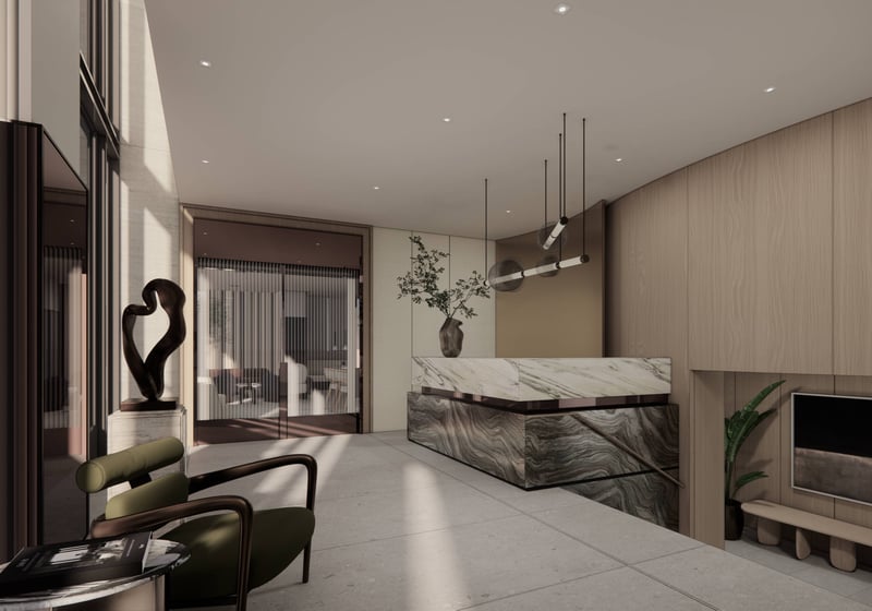 Alana Bay Harbor Islands reception area interior design, showcasing luxury and ultra luxury preconstruction condos amenities. Featuring modern.