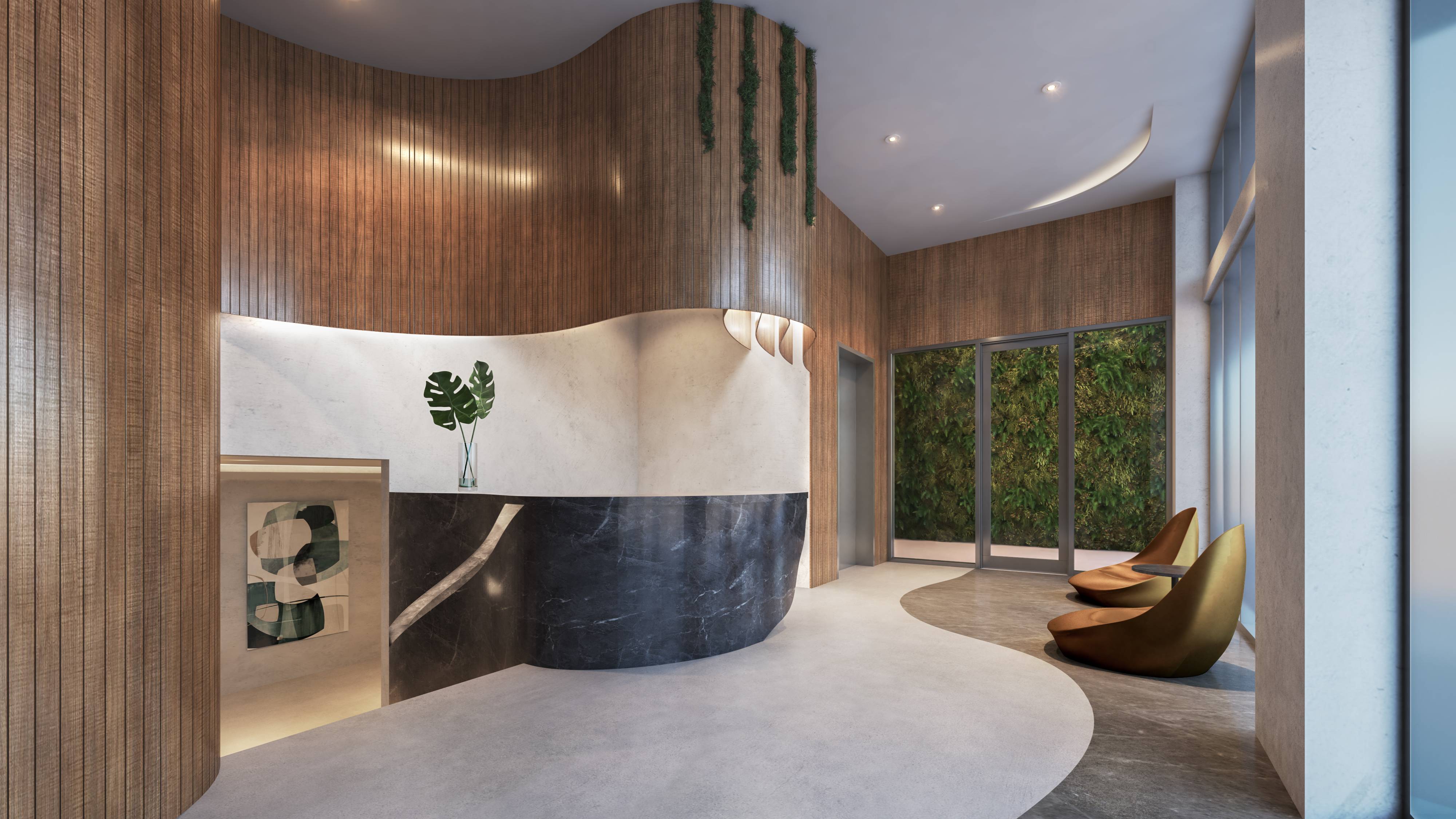 Alana Bay Harbor Islands modern lobby interior design, showcasing luxury and ultra luxury preconstruction condos amenities.
